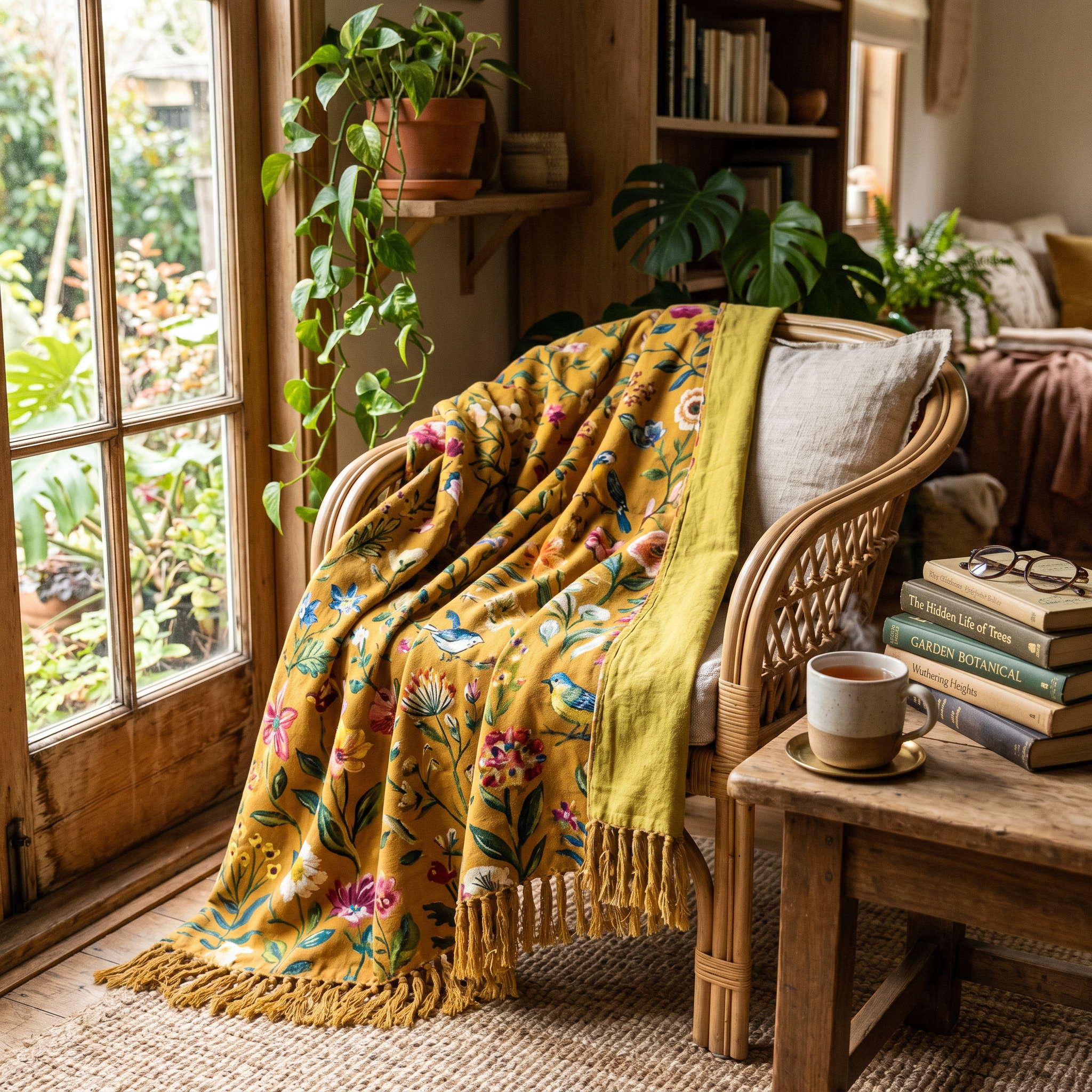 Boho bird floral throw blanket over a rattan reading chair by a sunlit window