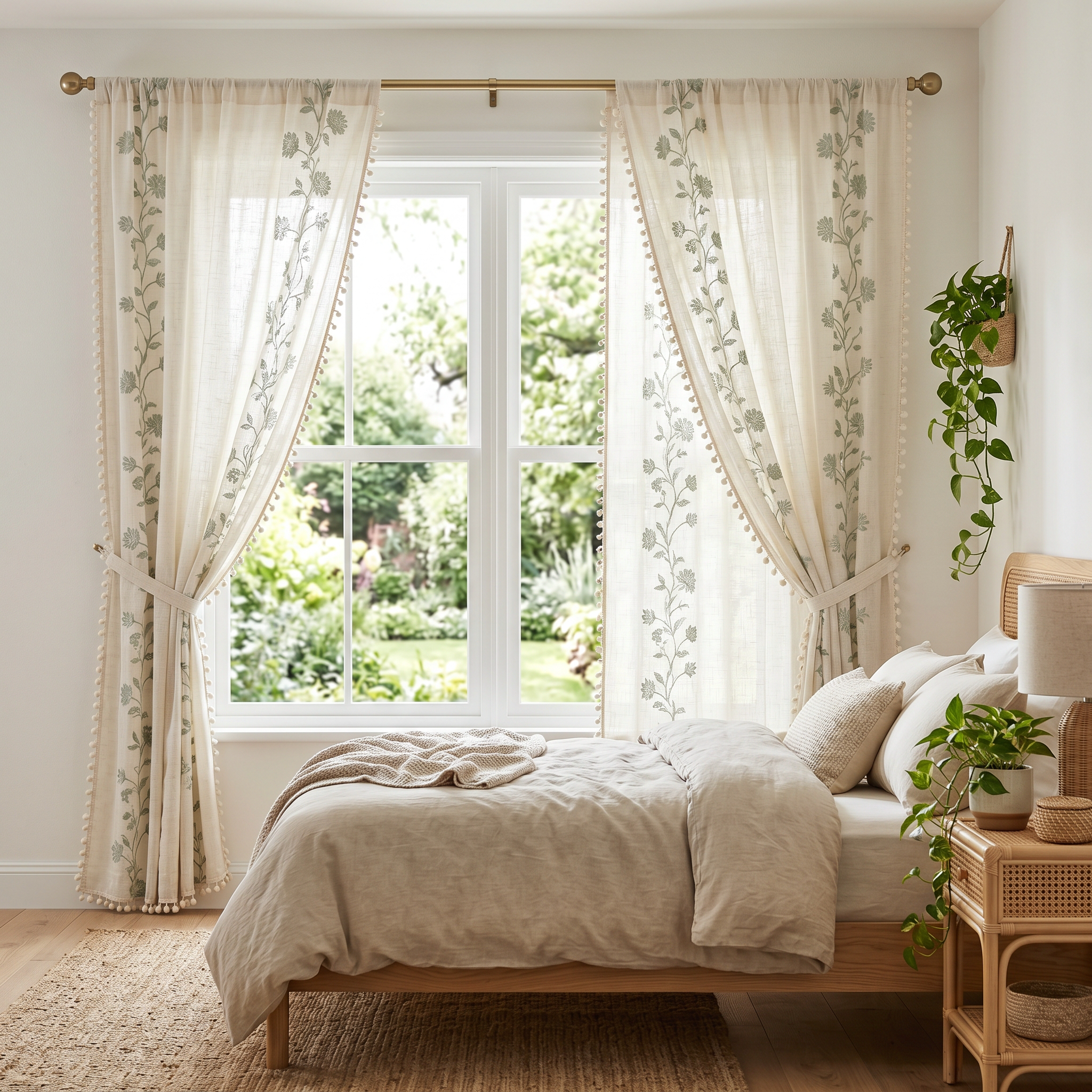 Serena Botanical Tassel Curtain in Leaf Olive framing a sunlit bedroom garden window