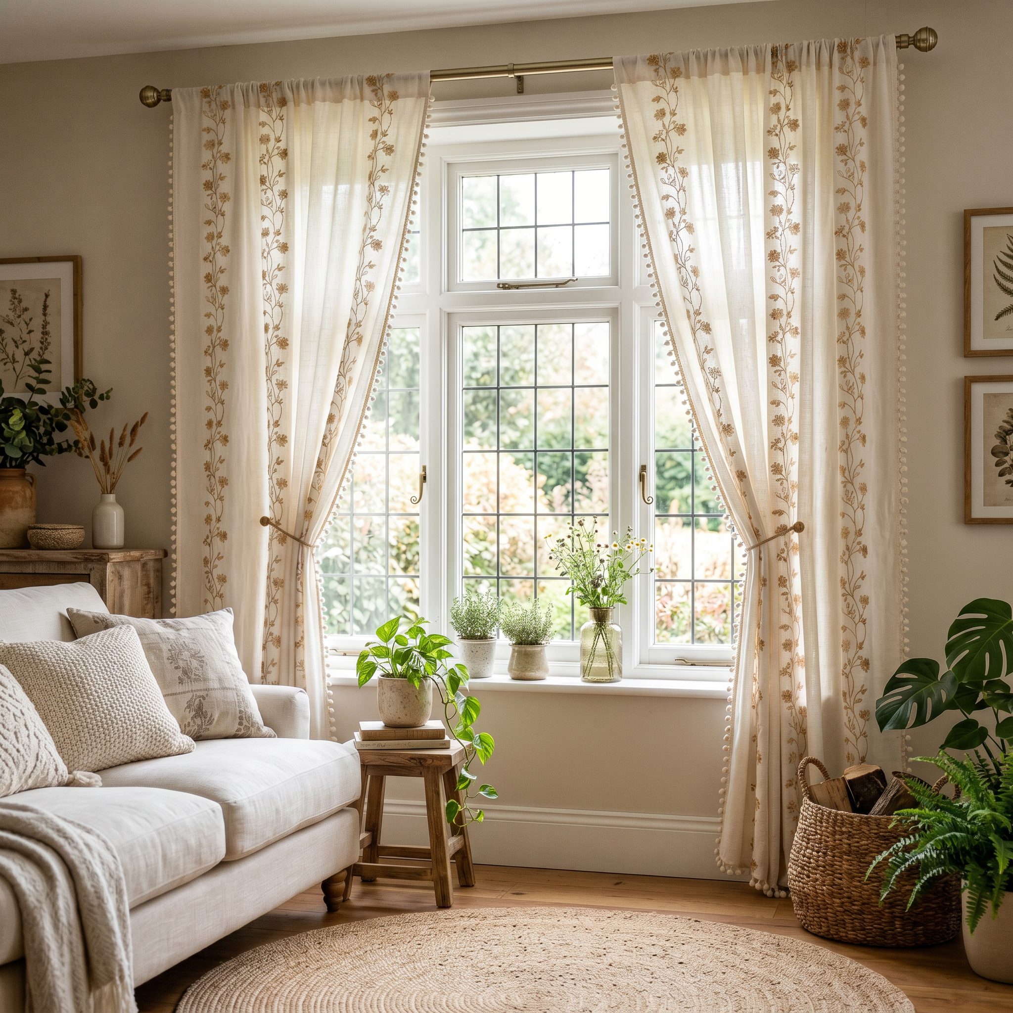 Serena Botanical Tassel Curtain in Meadow Beige in a bright living room bay window