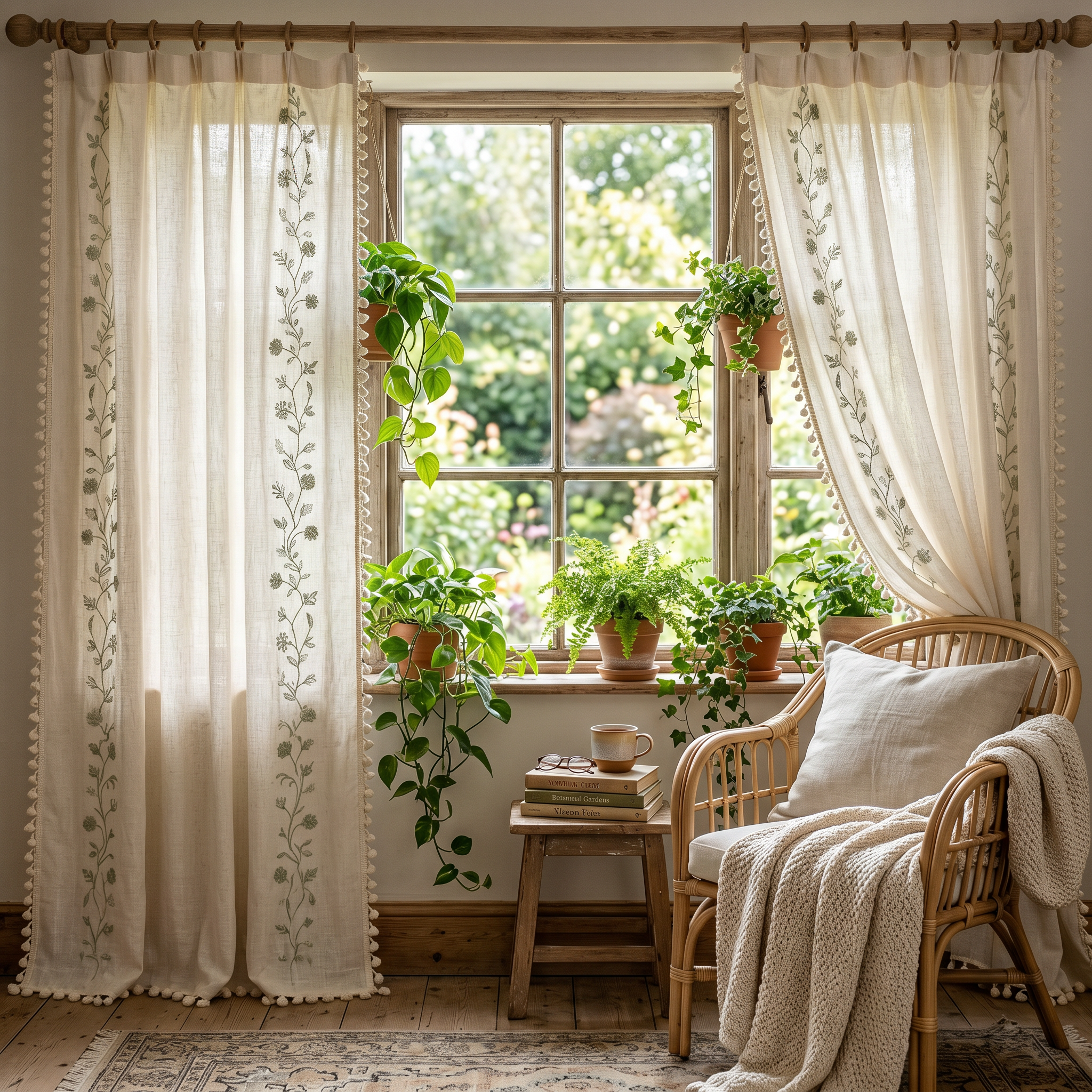 Serena Botanical Tassel Curtain in Leaf Olive in a cozy reading nook with rattan chair