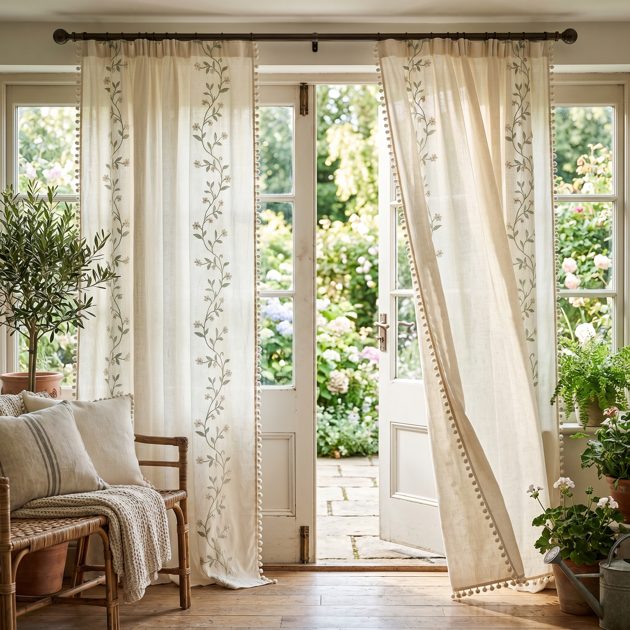 Serena Botanical Tassel Curtain in Leaf Olive on French doors opening to a garden