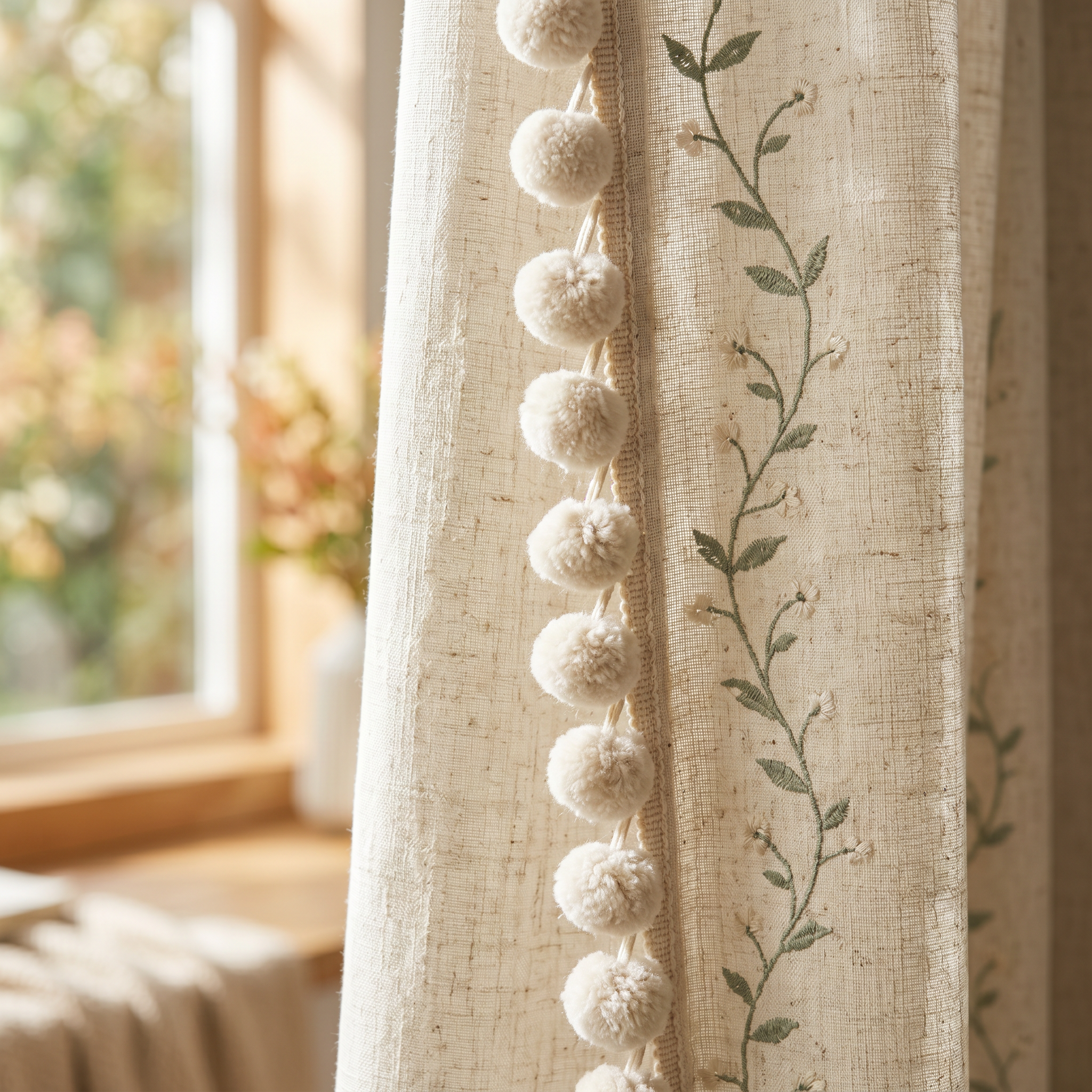 Close-up of Serena curtain cream pom-pom tassel trim and trailing floral vine detail