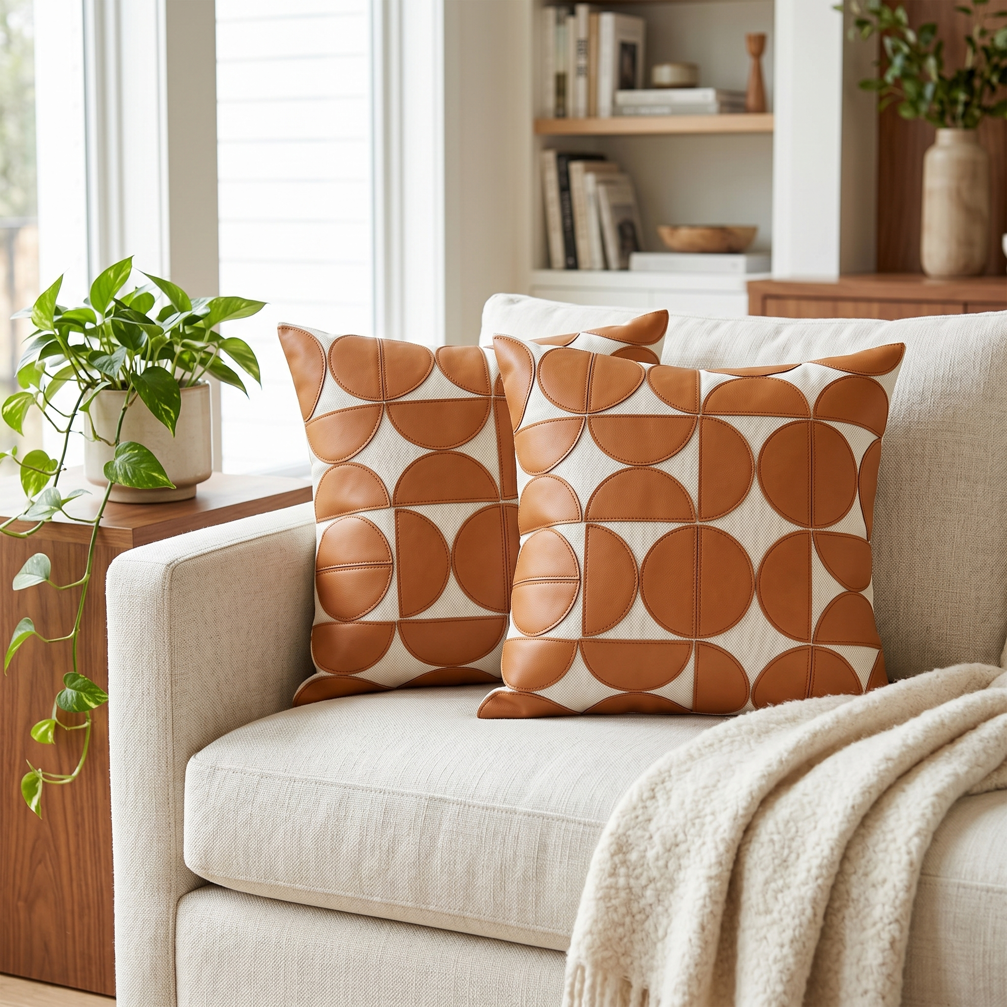 Gemma Geometric Faux Leather Cushion Covers in Caramel styled on a cream sofa