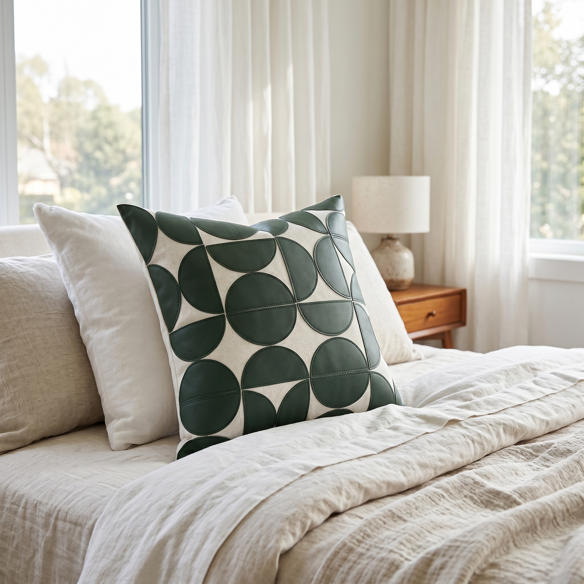 Gemma Geometric Faux Leather Cushion Cover in Green on a bright bed