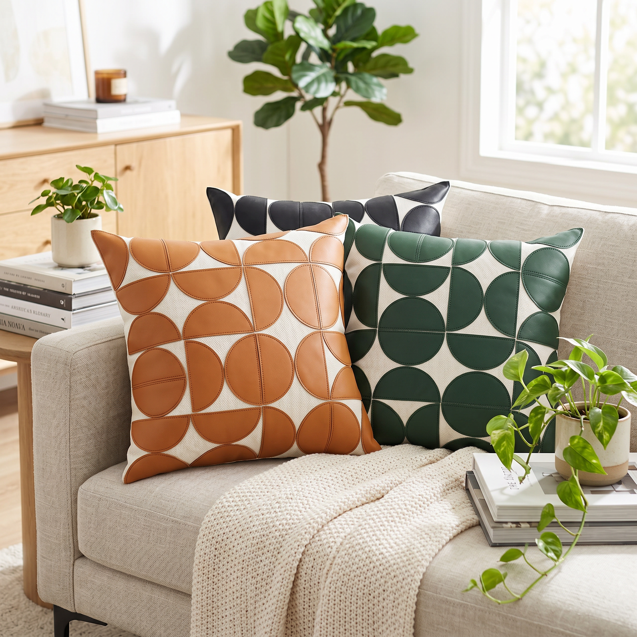 Gemma Geometric Faux Leather Cushion Covers in Caramel, Black and Green layered on a sofa
