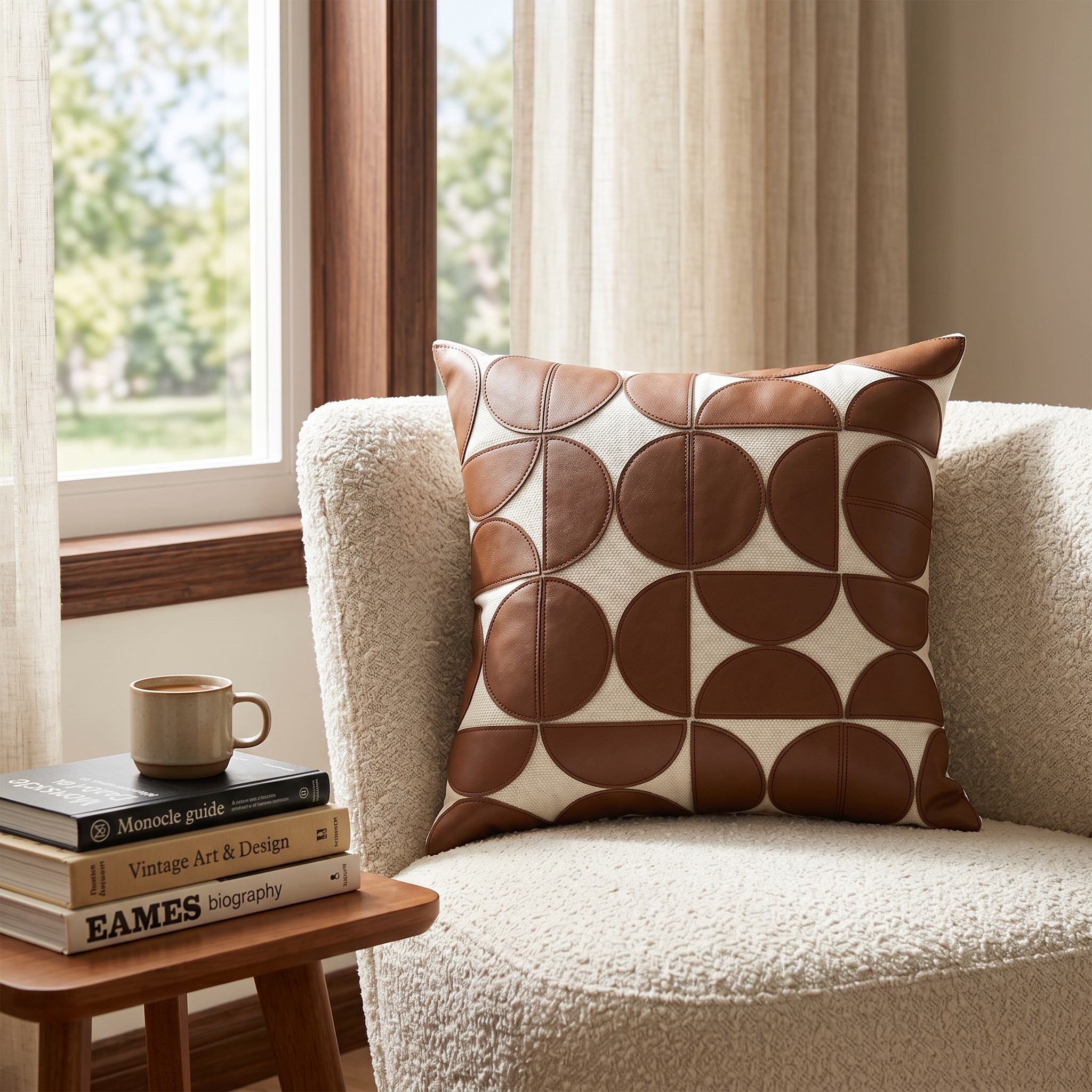 Gemma Geometric Faux Leather Cushion Cover in Brown on a reading chair by a window