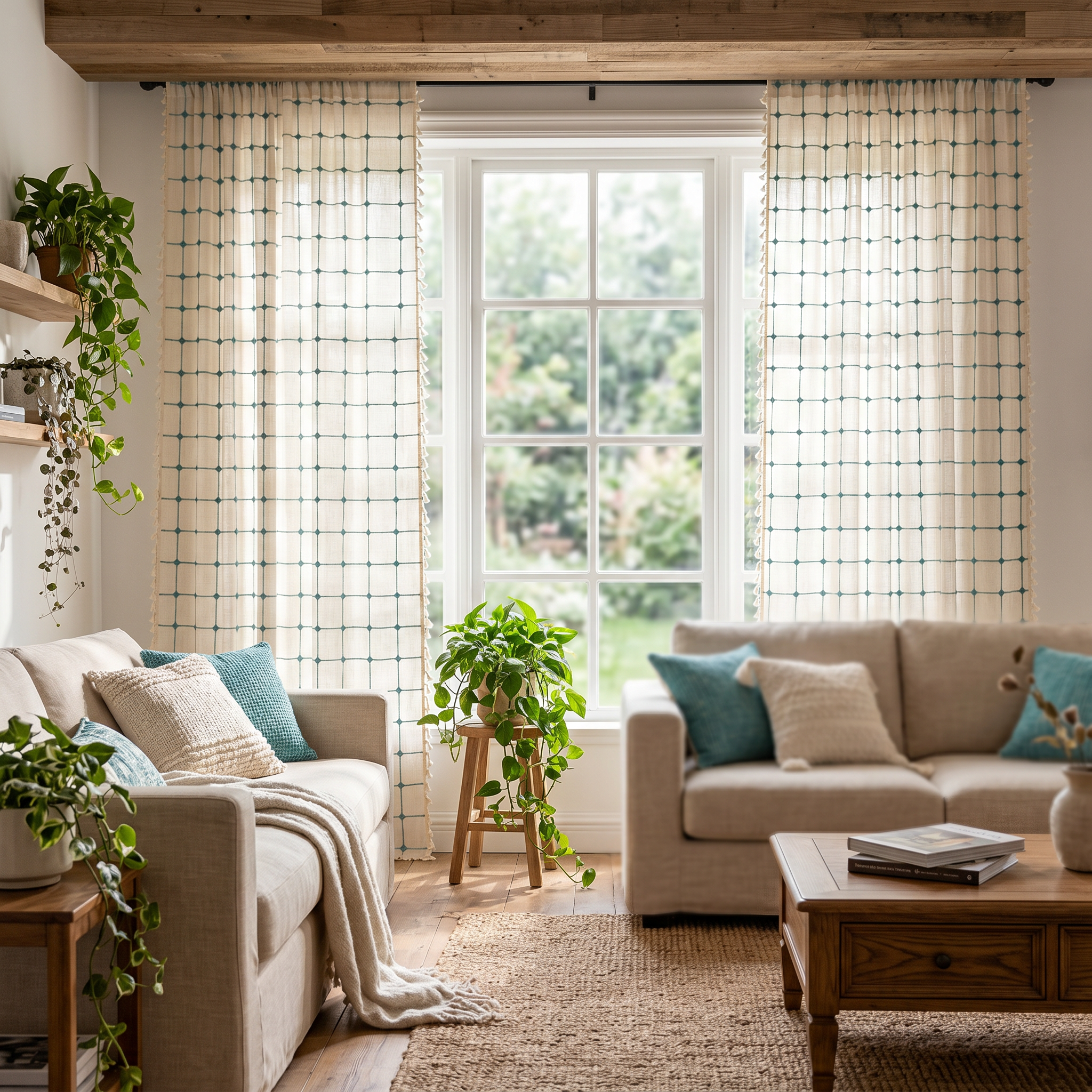 Laguna Geometric Tassel Curtains framing a sunlit living room window