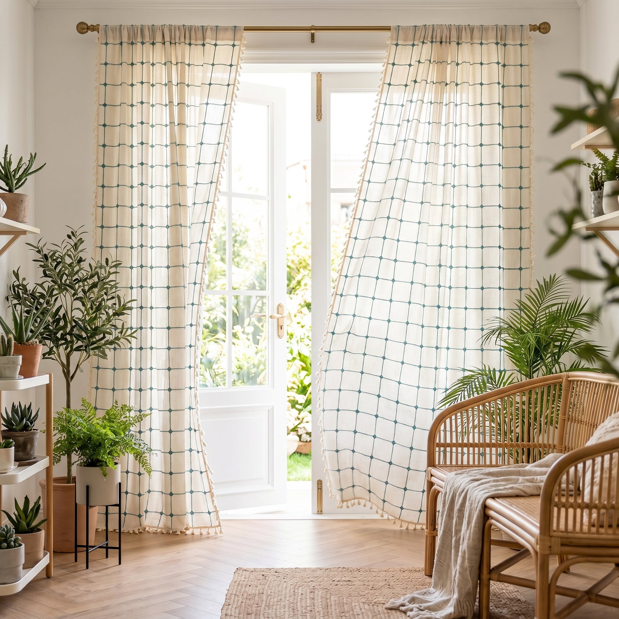 Laguna Geometric Tassel Curtains on French doors opening to a garden
