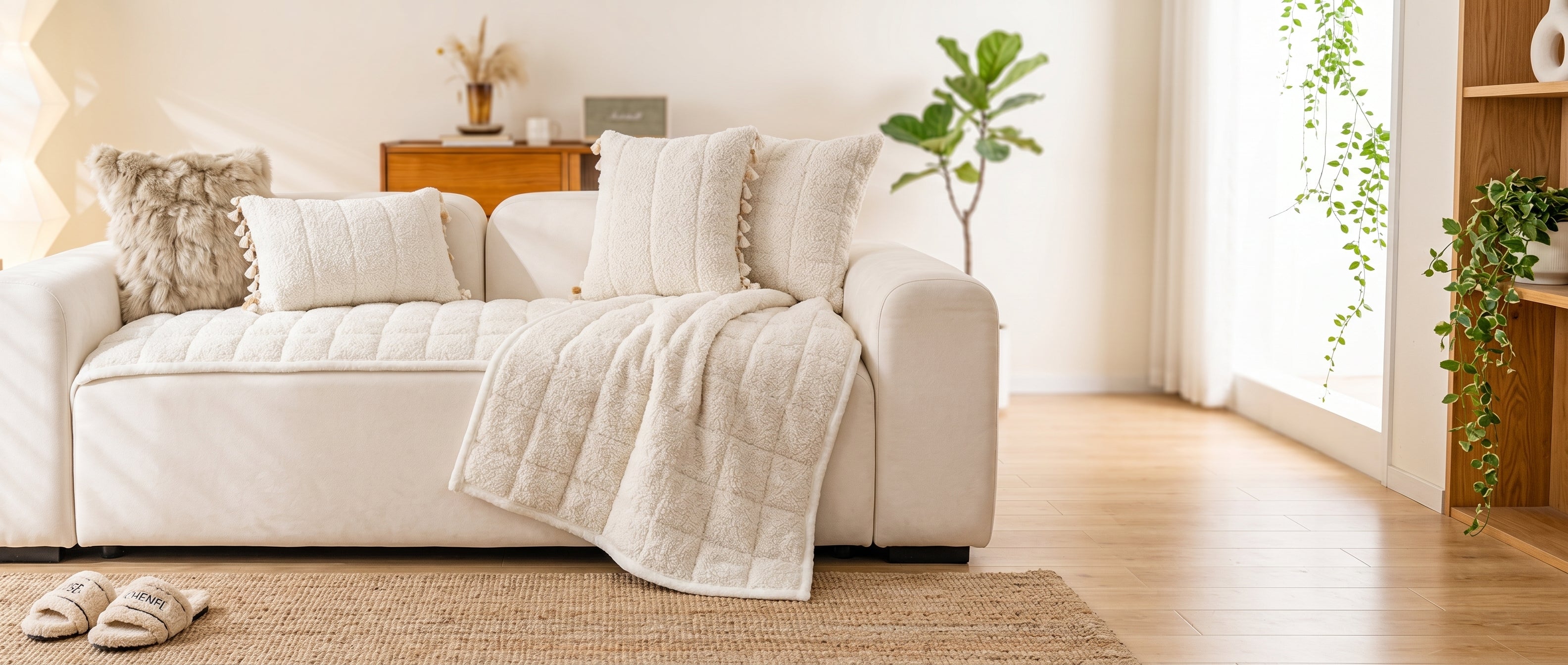 Nuvola plush boucle sofa cover banner - bright living room