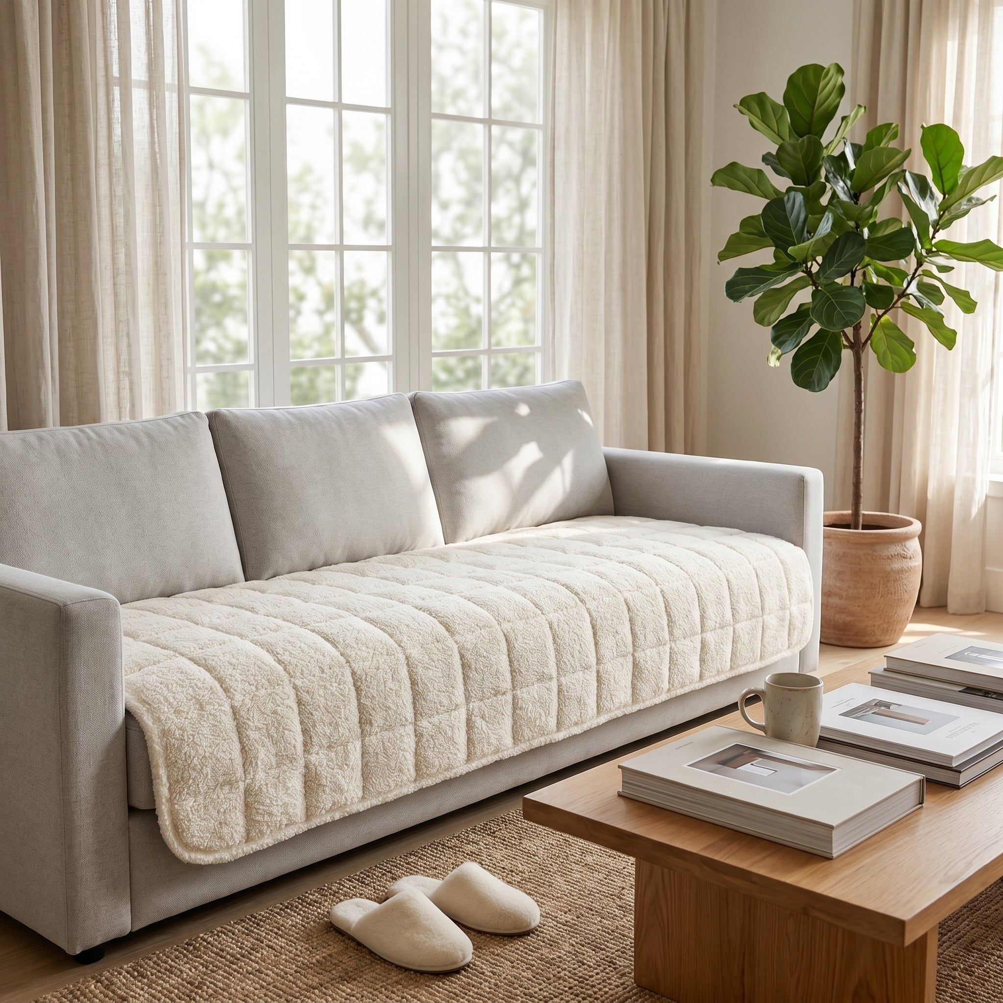 Nuvola ivory boucle sofa cover draped over a sofa seat in a bright living room