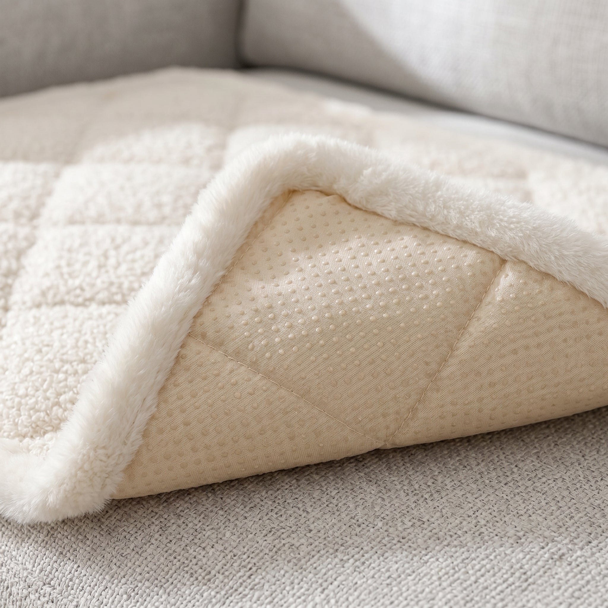 Corner folded back showing the anti-slip silicone dot backing of the sofa cover
