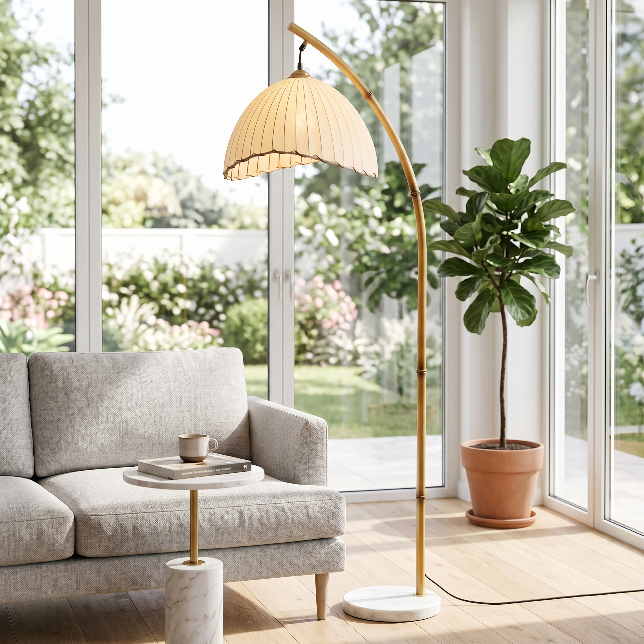 Loto bamboo arc floor lamp arcing over a sofa in a bright living room