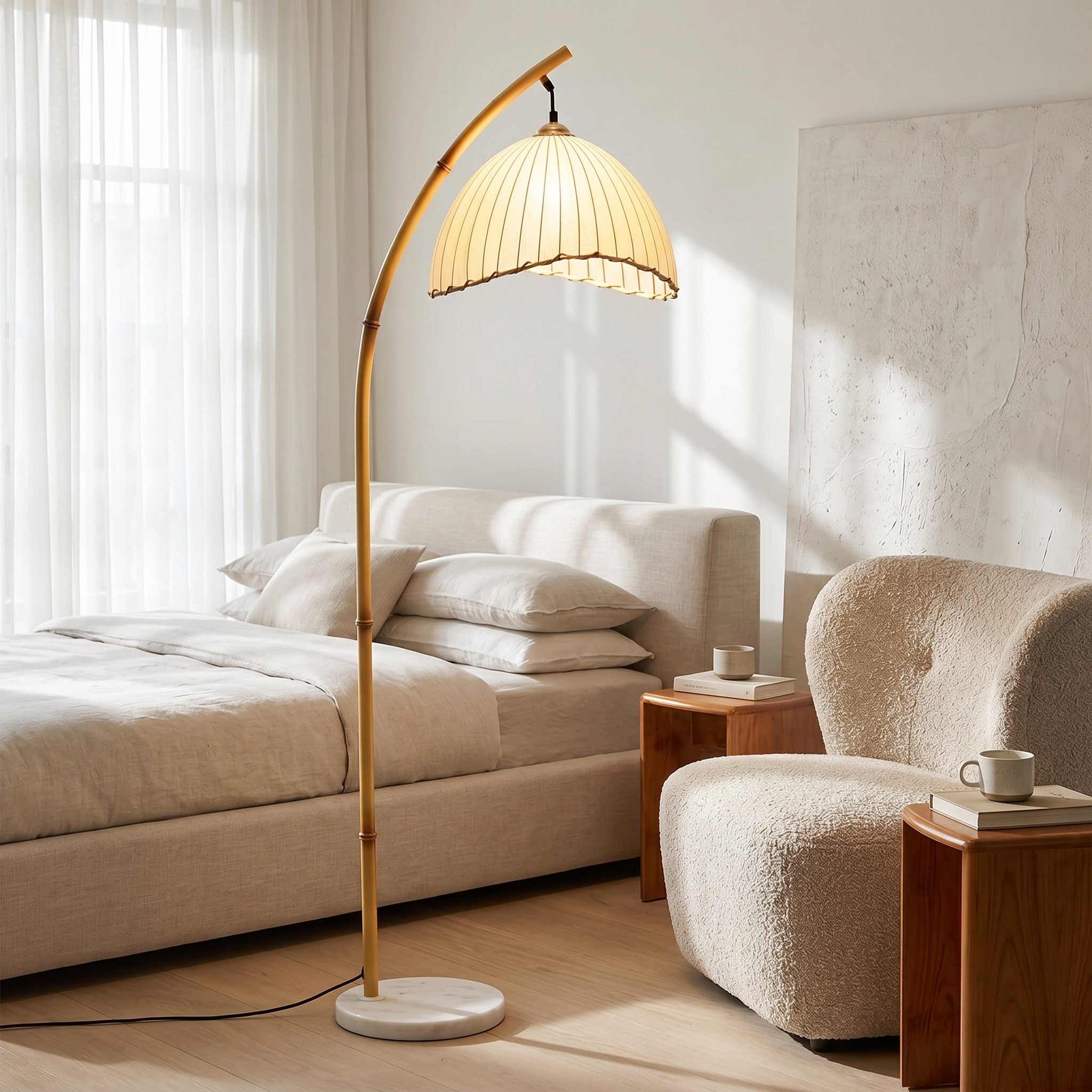 Bamboo arc floor lamp in a serene bright bedroom