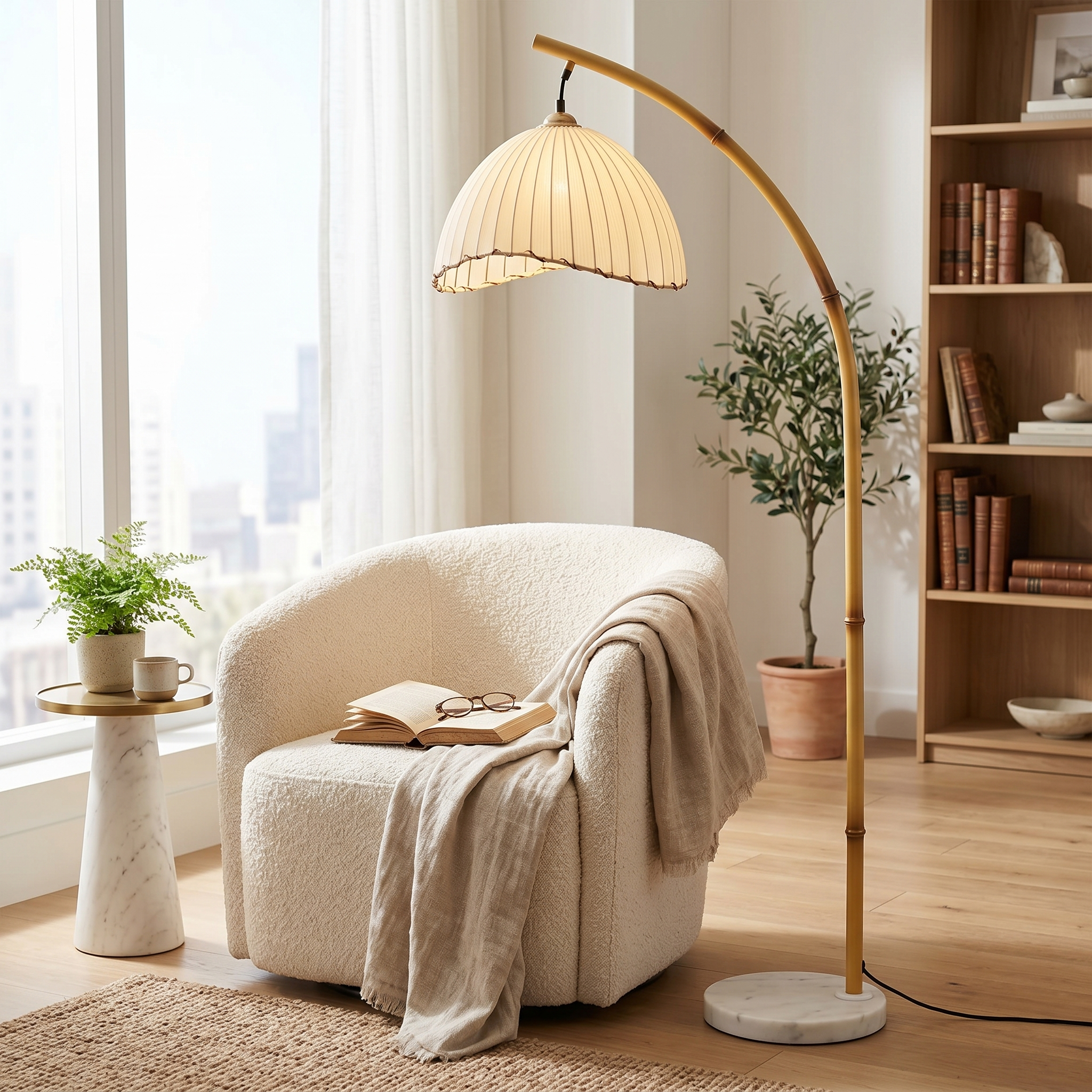 Bamboo arc floor lamp beside an armchair in a bright reading nook