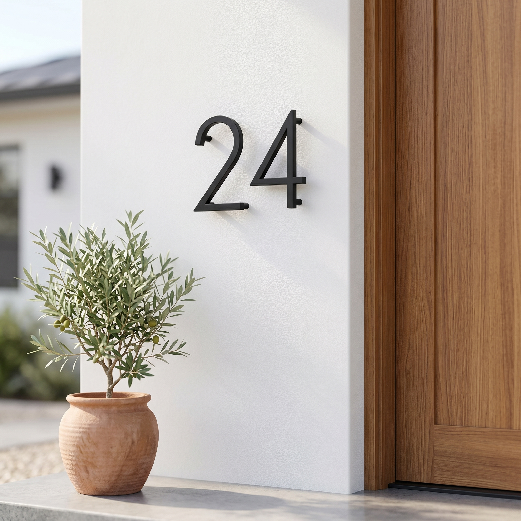 Modern matte-black house numbers 24 mounted on a white stucco entry wall