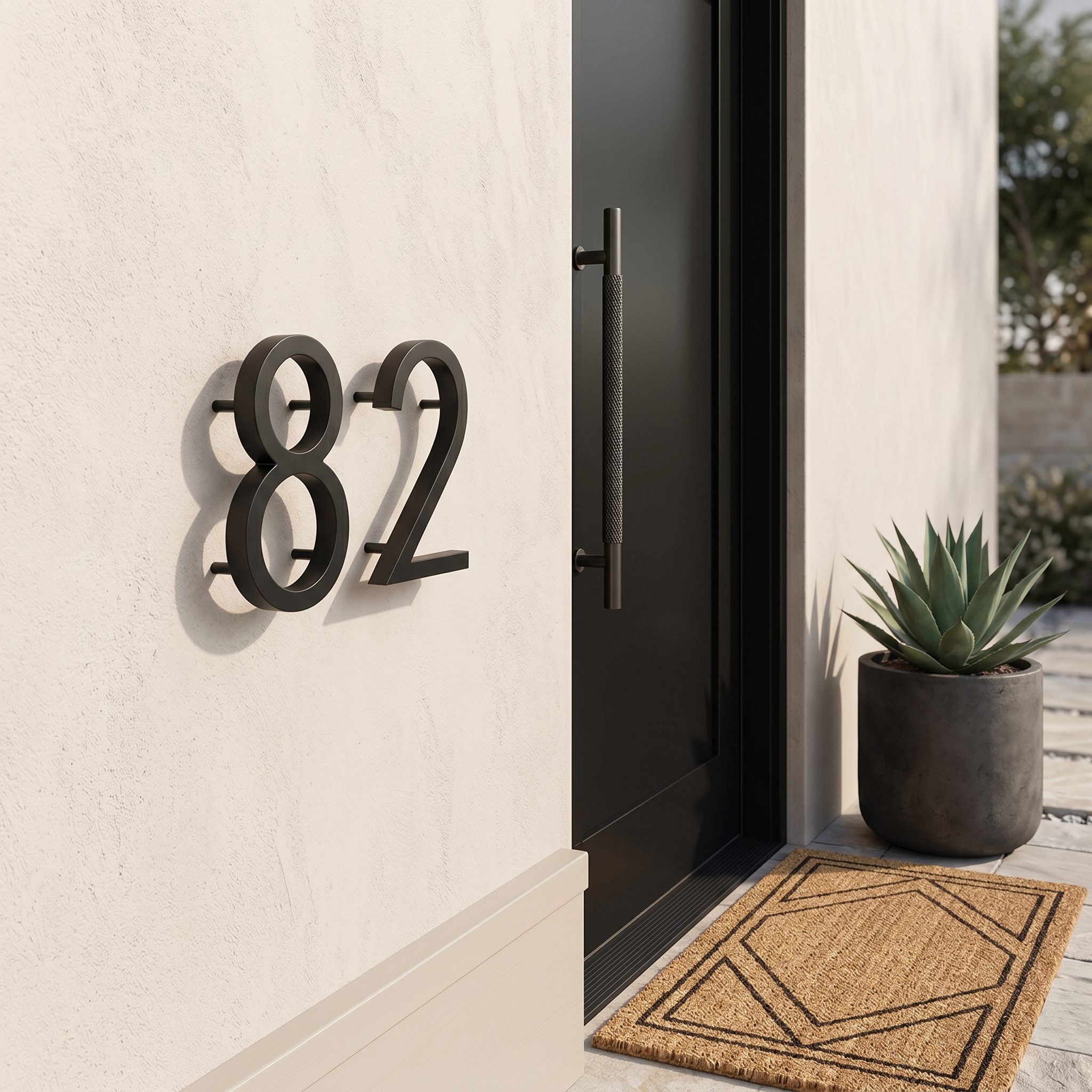 Matte-black house numbers 82 beside a sleek front door