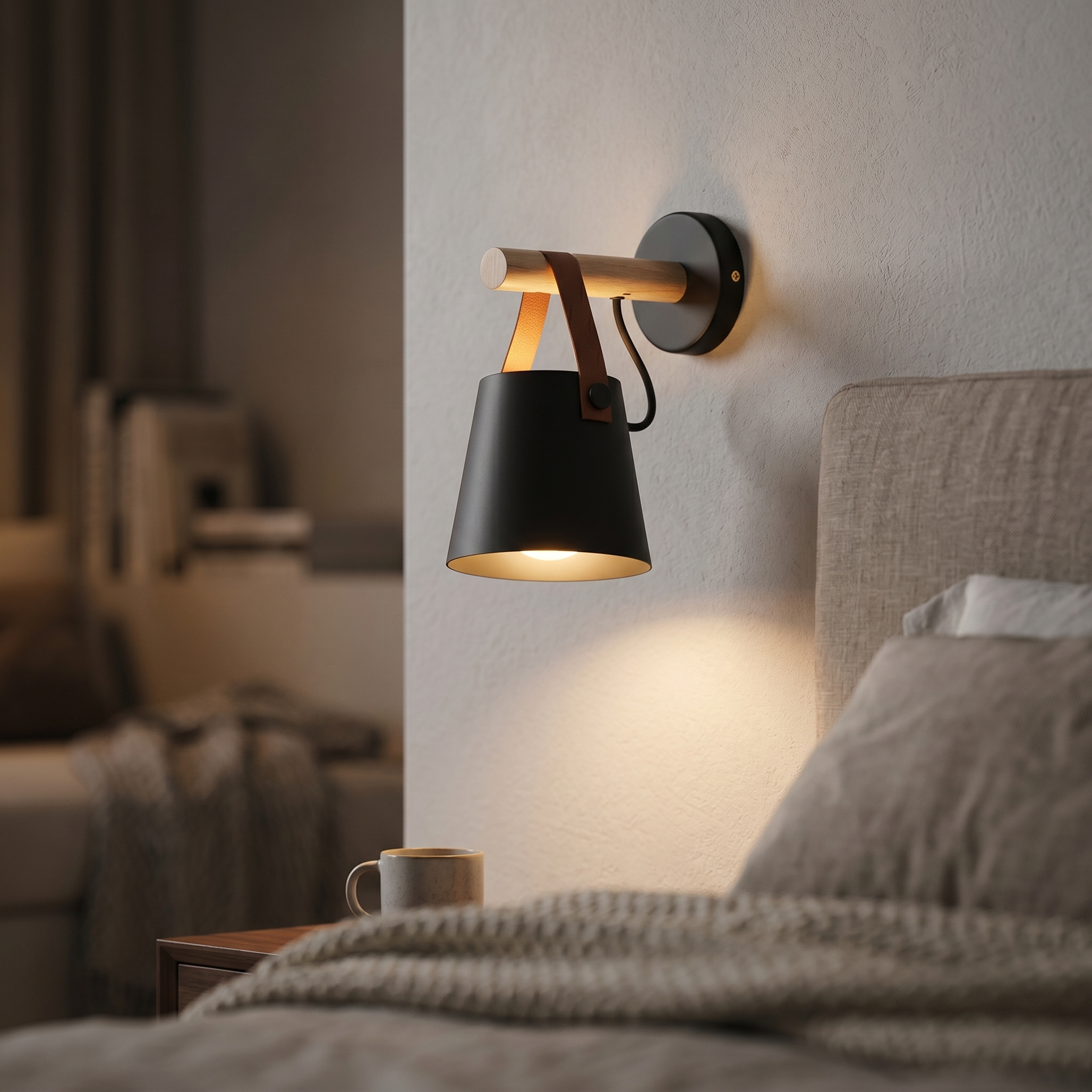 Sella black wall sconce glowing warm in a cozy bedroom