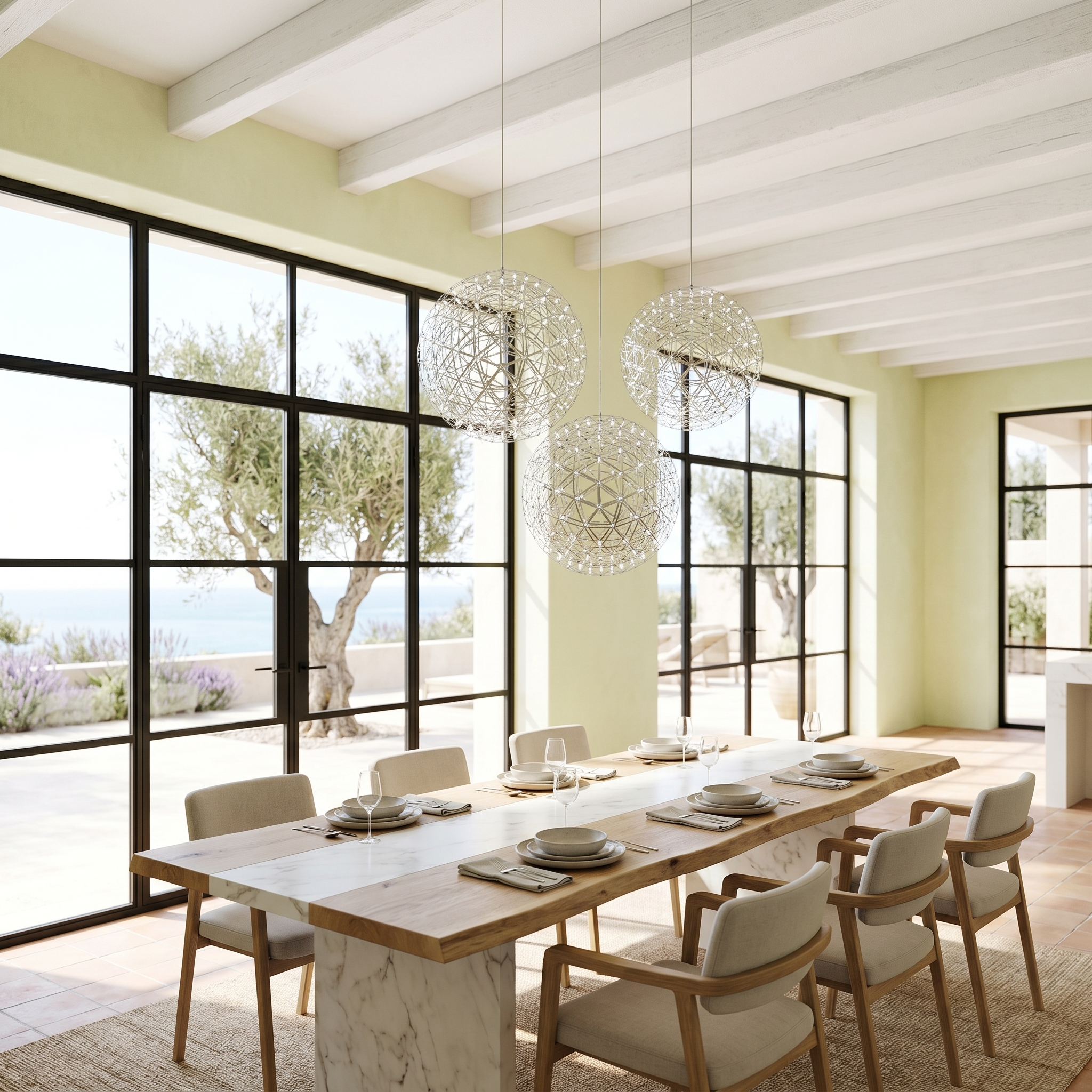 Costellazione chrome sphere chandeliers over a dining table