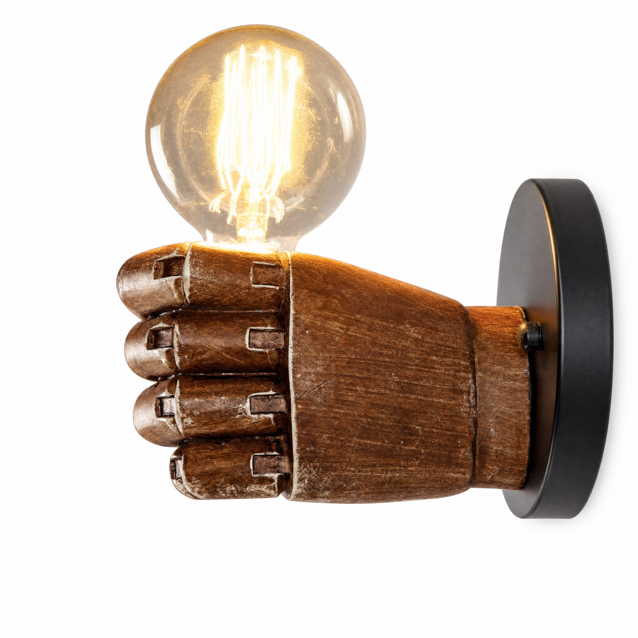 HERO Mano left fist wall sconce with Edison bulb on white