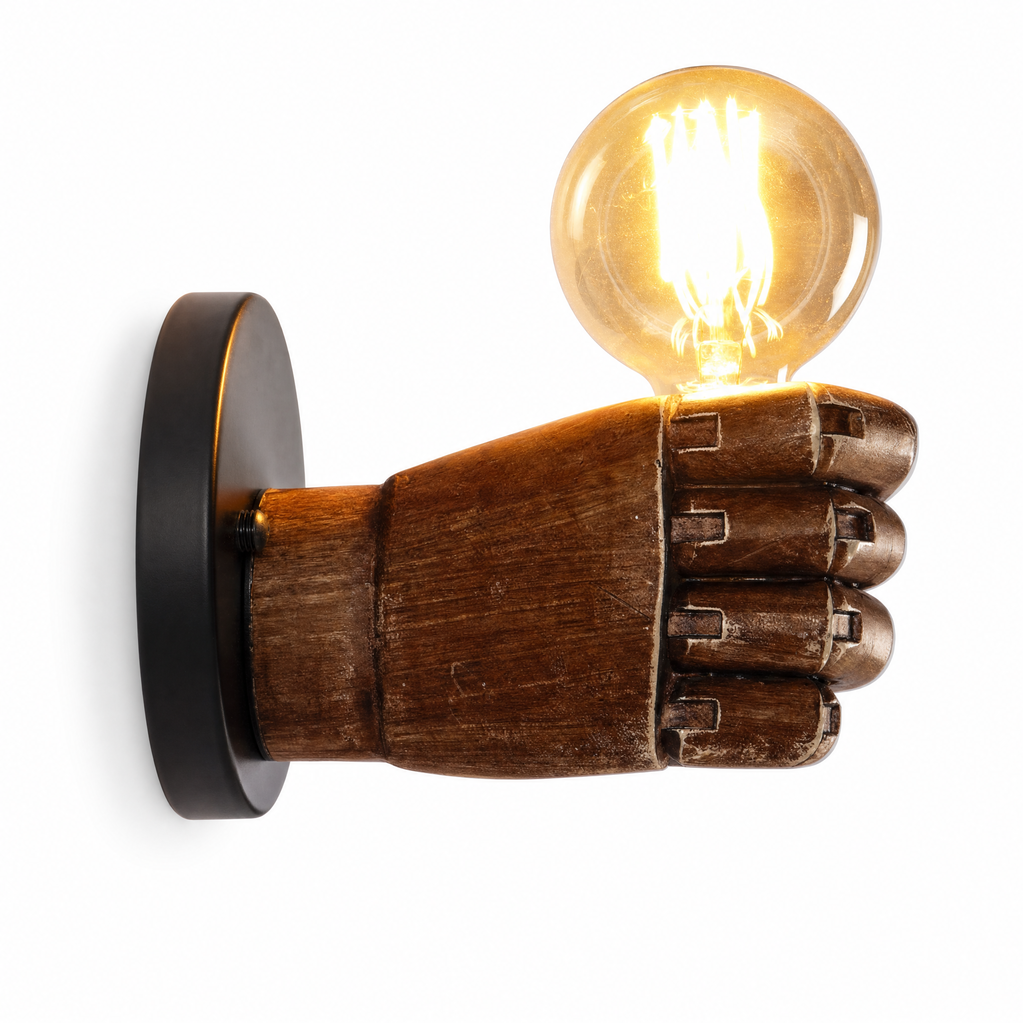 HERO Mano right fist wall sconce with Edison bulb on white