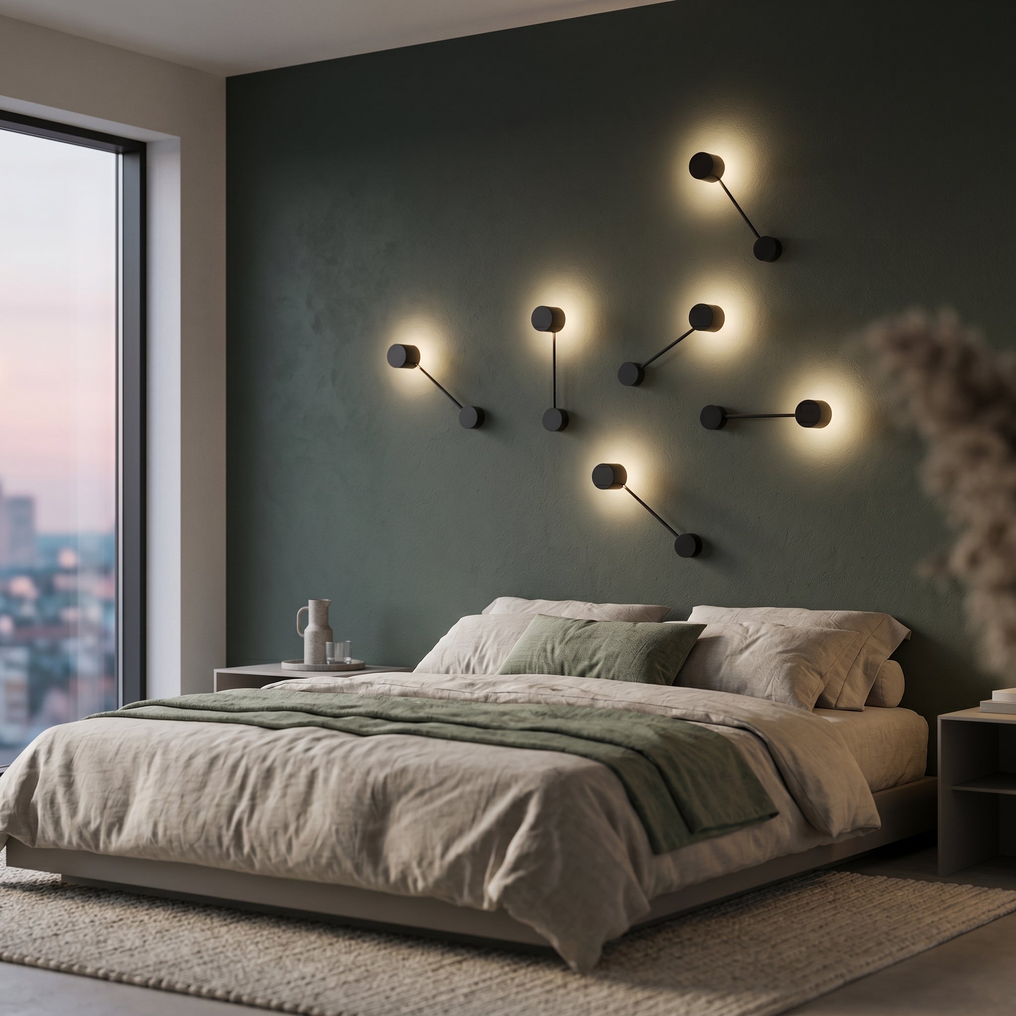 Riflesso wall lamp constellation on a bedroom accent wall