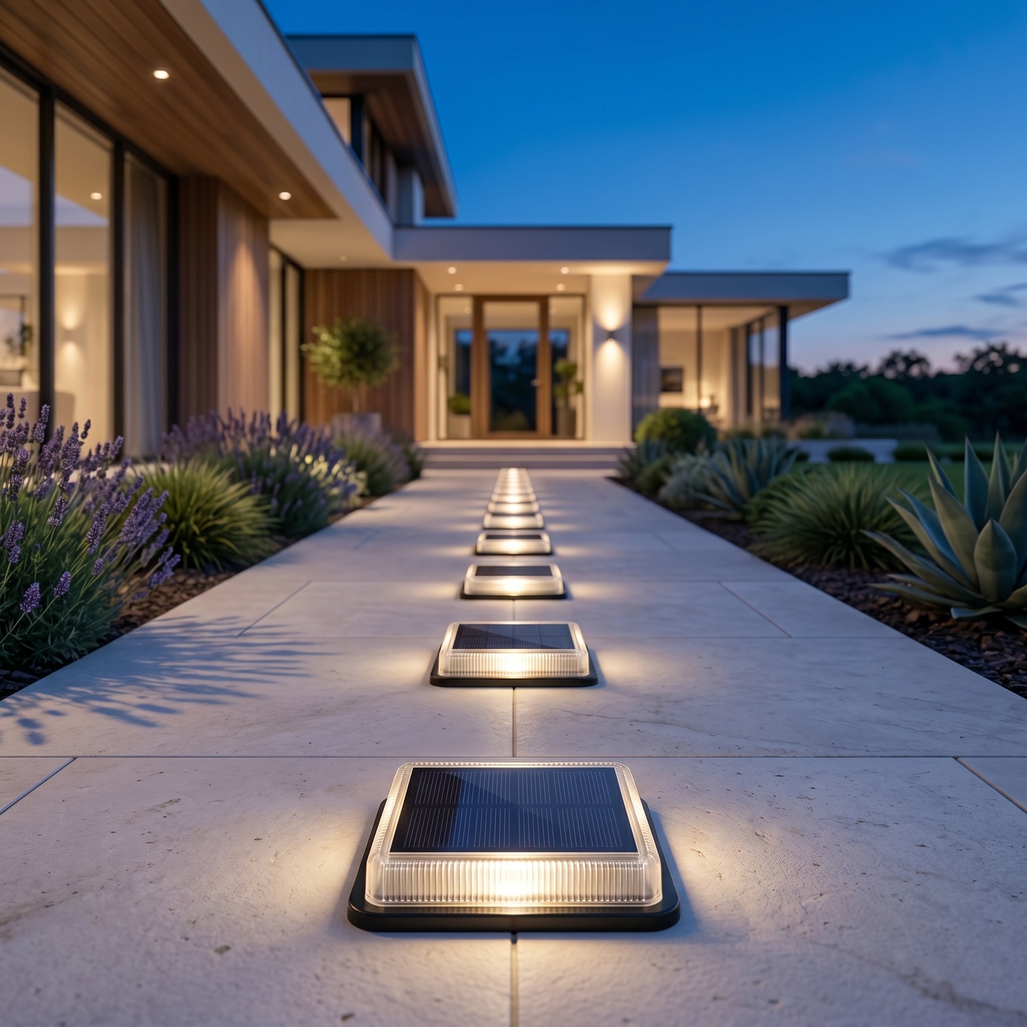 Lucciola solar ground lights lining a modern villa walkway at twilight