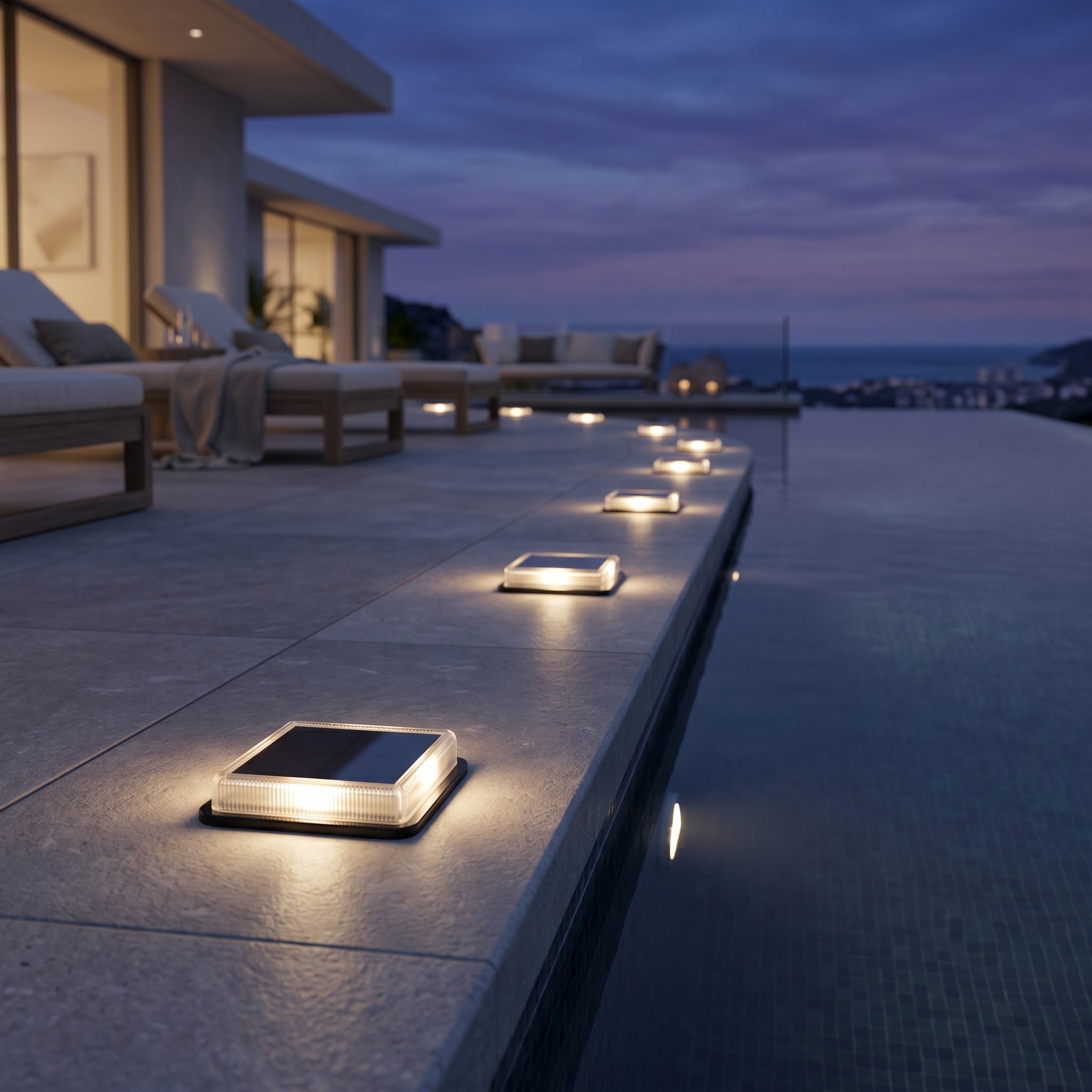 Lucciola solar ground lights along a luxury infinity pool deck at dusk
