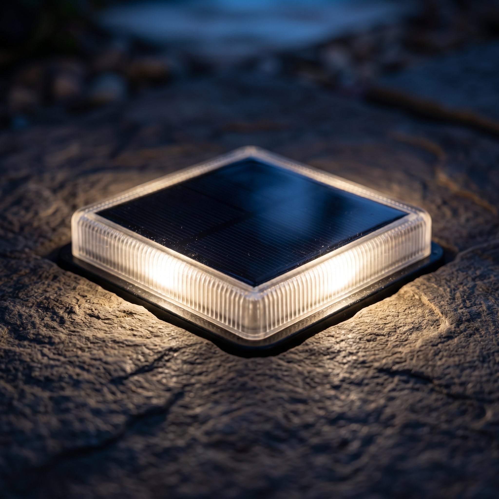 Close-up of a Lucciola solar ground light glowing warm white in stone at night