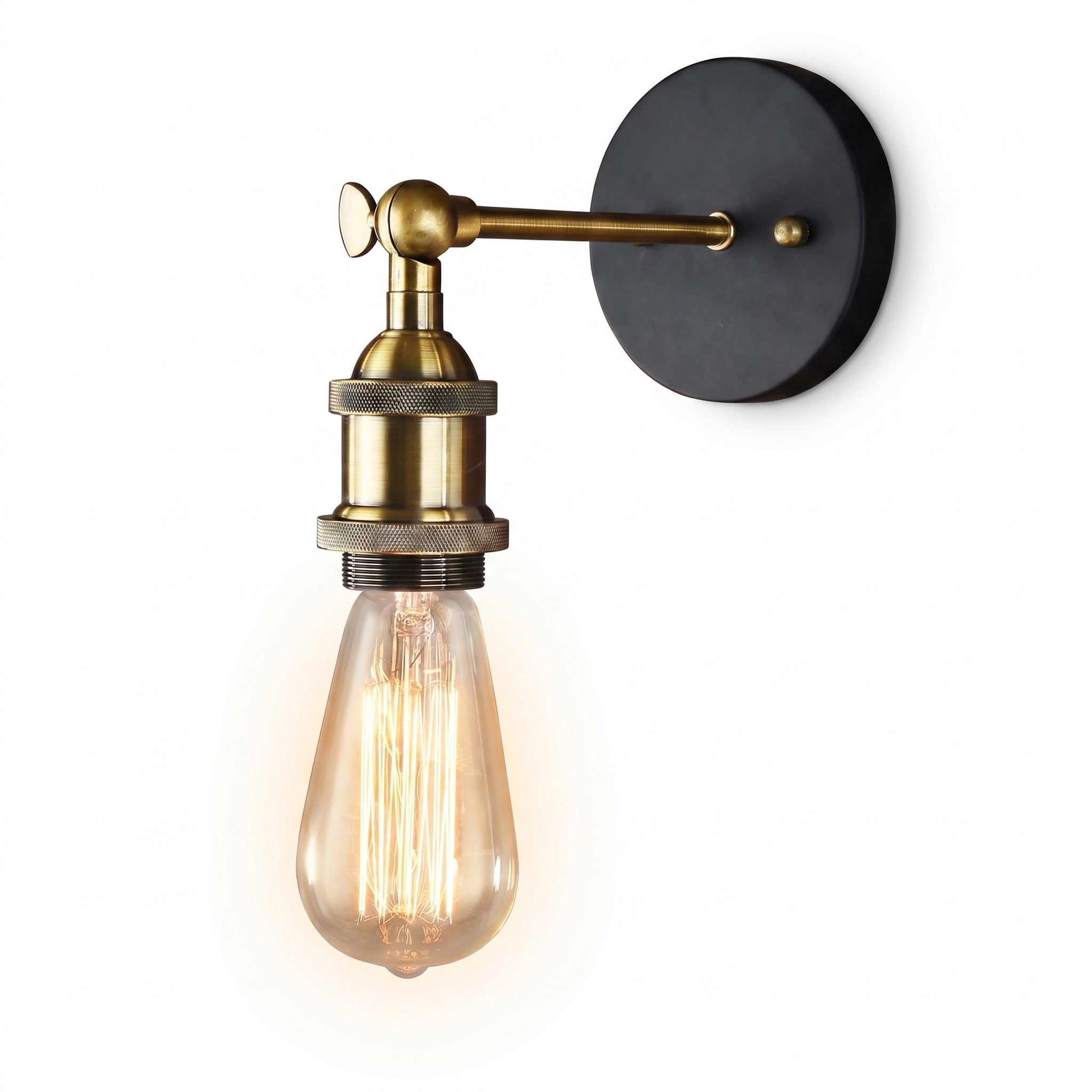 Fiammetta Brass Edison Wall Sconce on a white background with the bulb lit