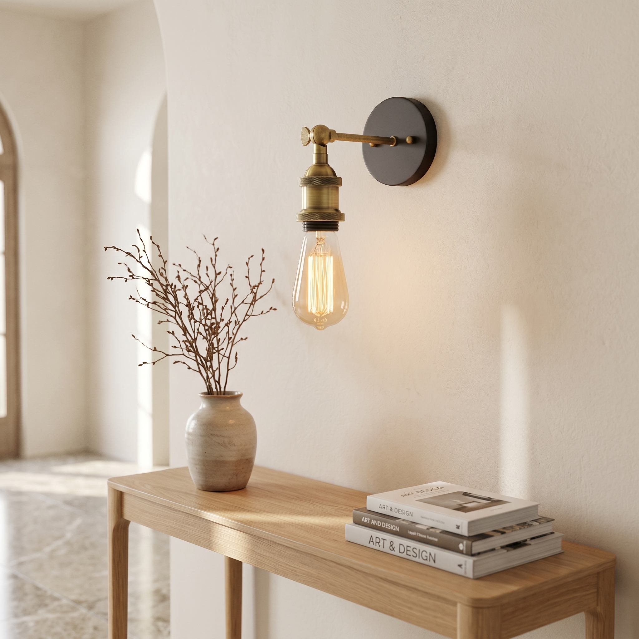Fiammetta Brass Edison Wall Sconce in a bright entryway above an oak console
