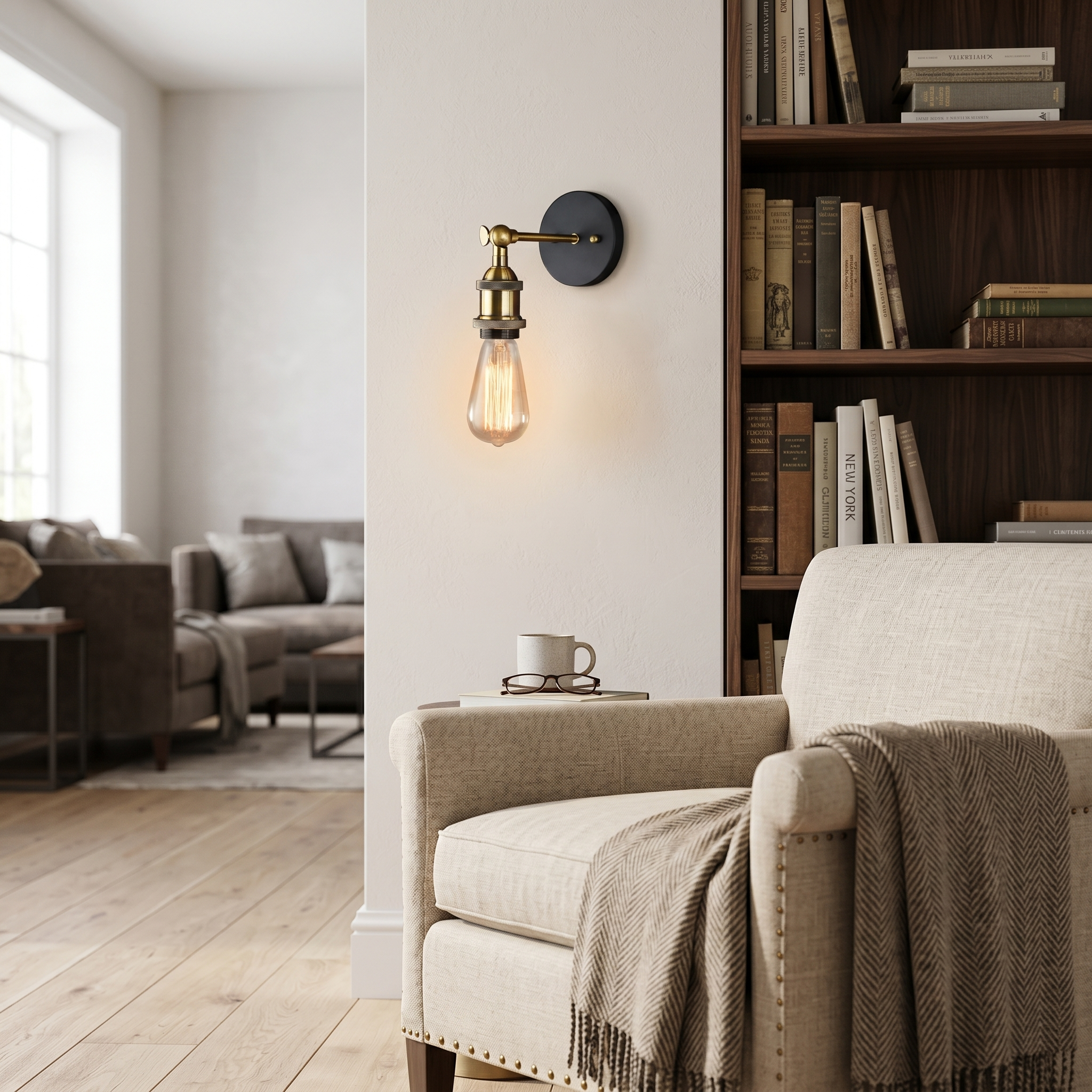 Fiammetta Brass Edison Wall Sconce beside a cozy reading nook