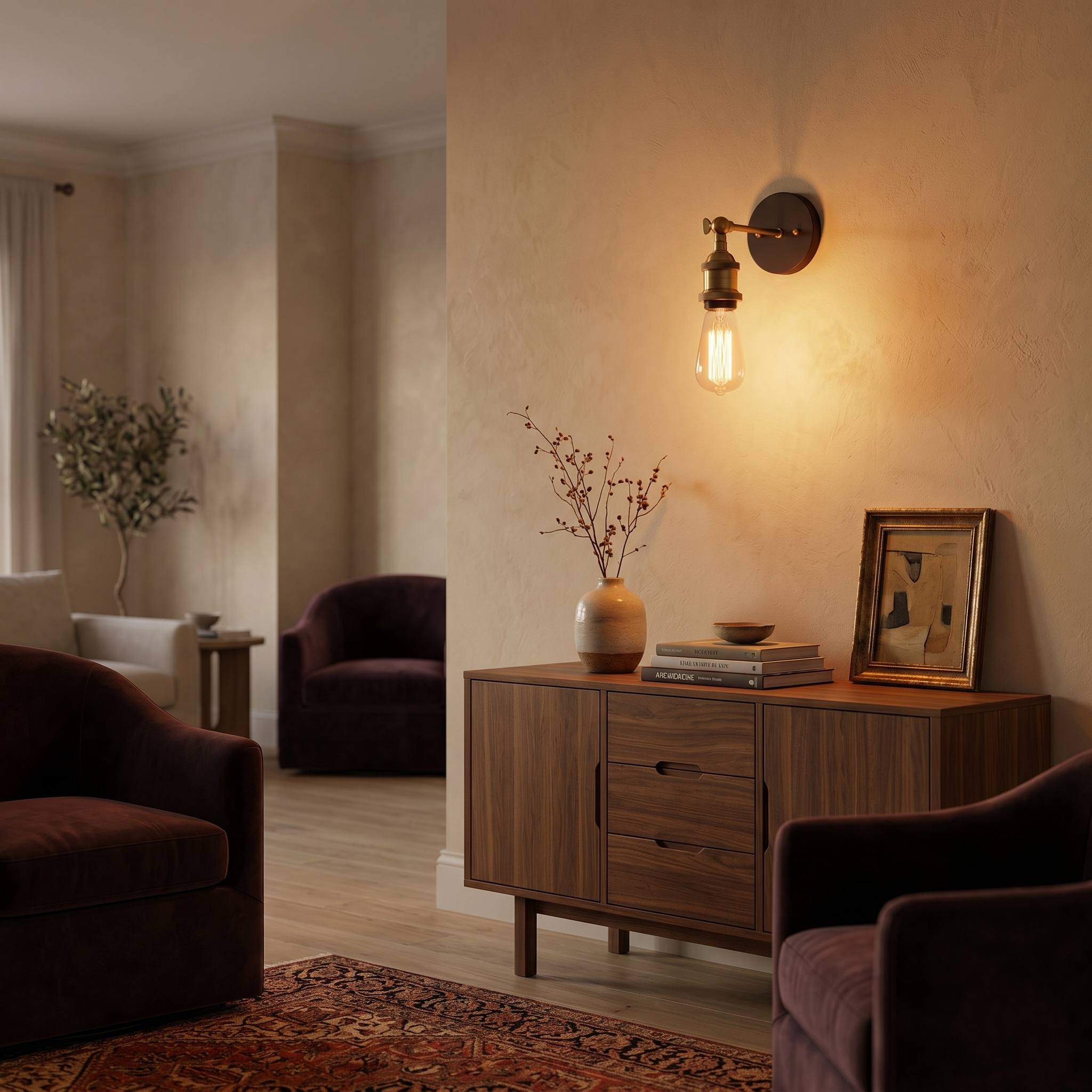Fiammetta Brass Edison Wall Sconce glowing in a warm living room corner