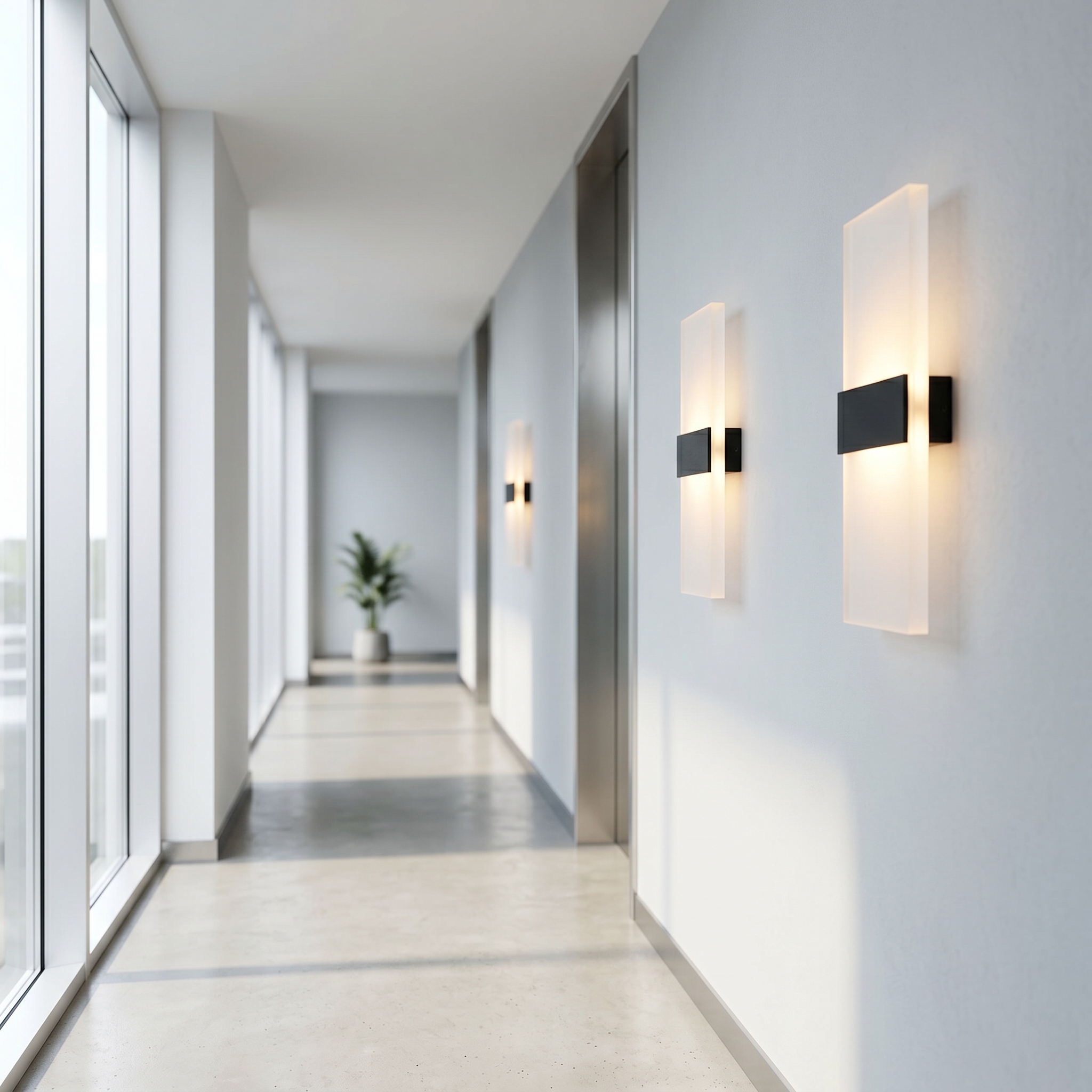 Two Velo Minimalist LED Wall Sconces lining a bright hallway