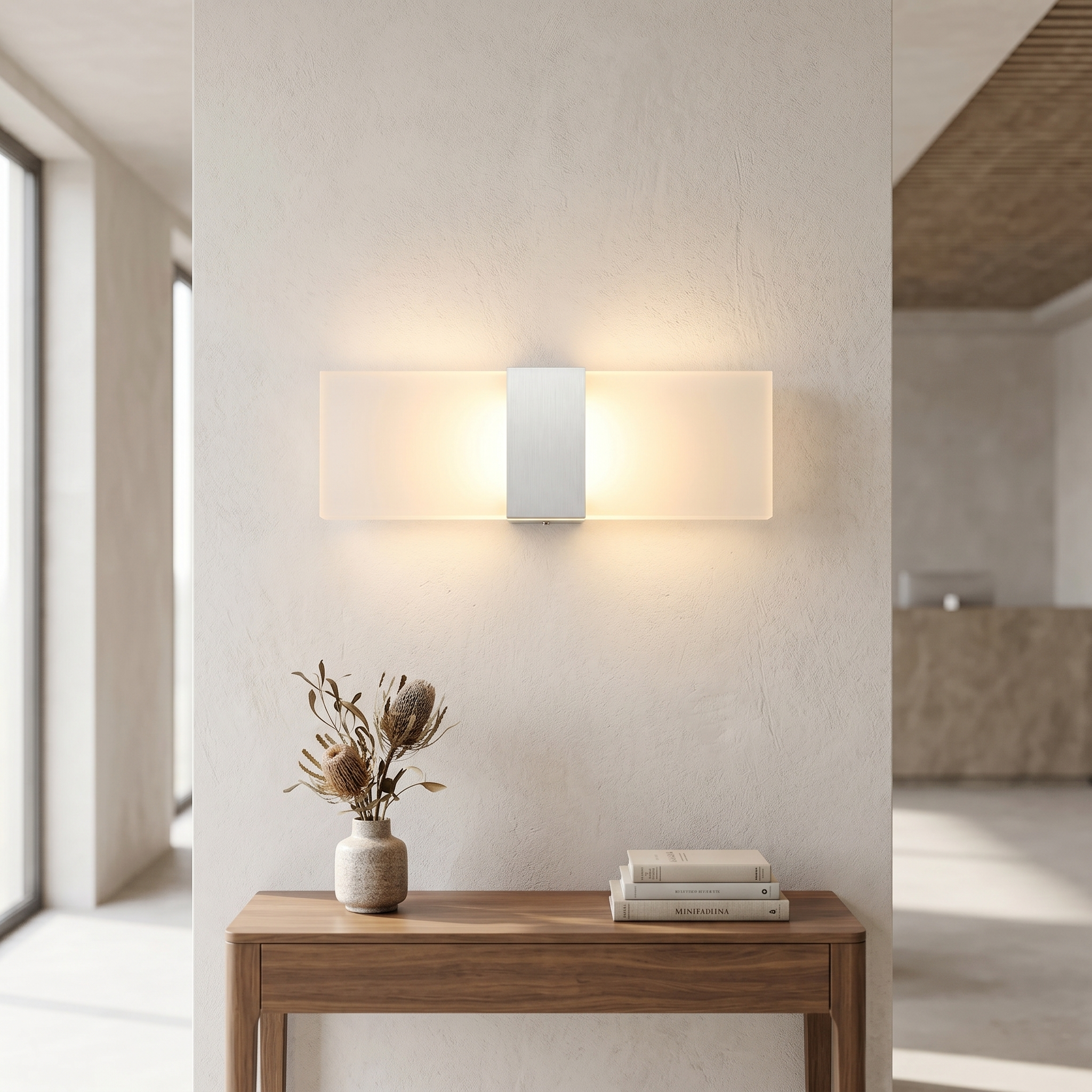 Velo Minimalist LED Wall Sconce white bar mounted horizontally above a console