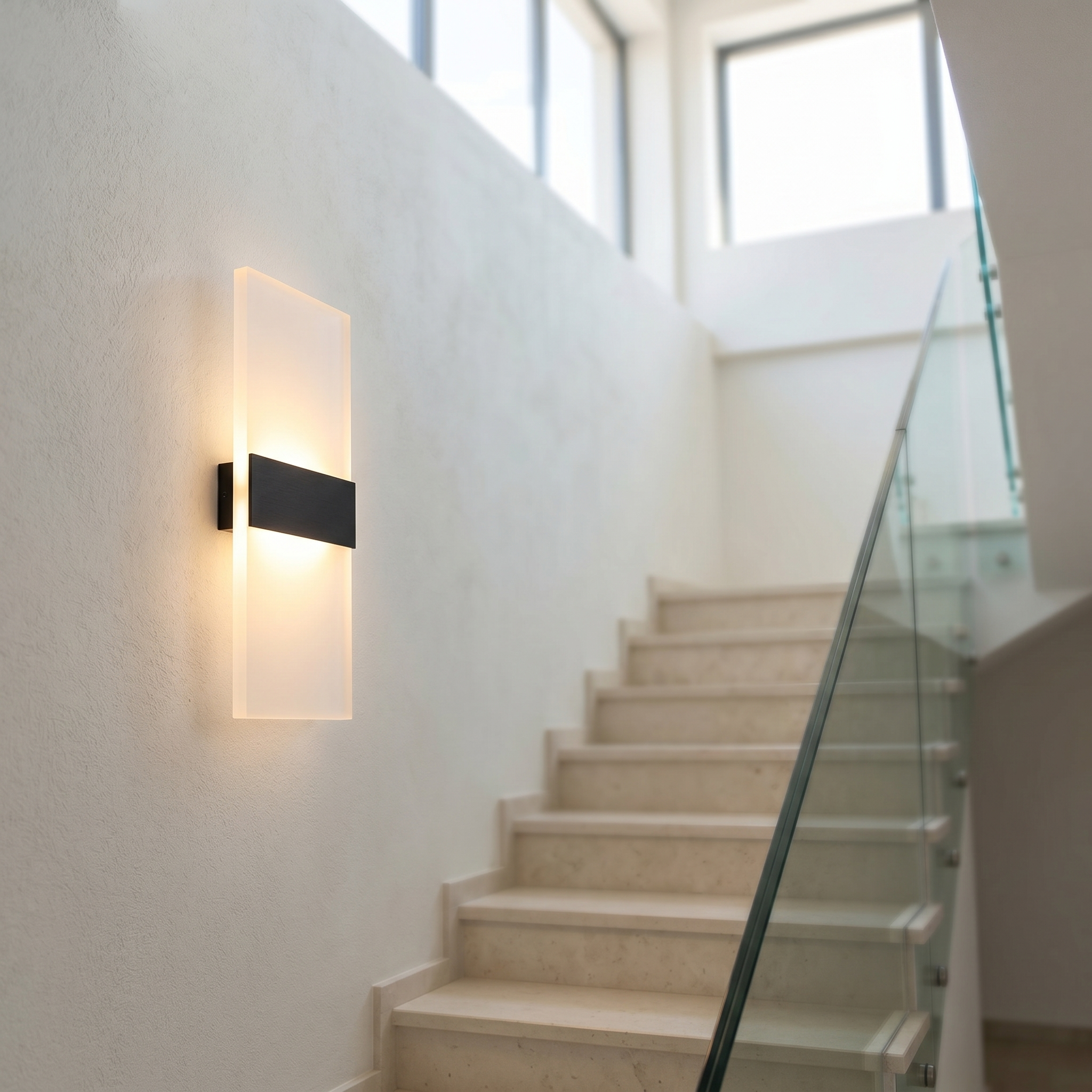 Velo Minimalist LED Wall Sconce black bar on a bright stairwell wall