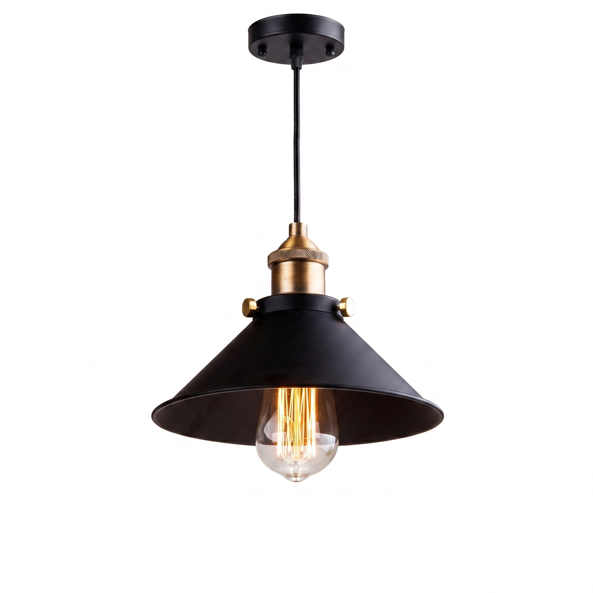 Campana Nordic Cone Pendant Light on a white background with the bulb lit