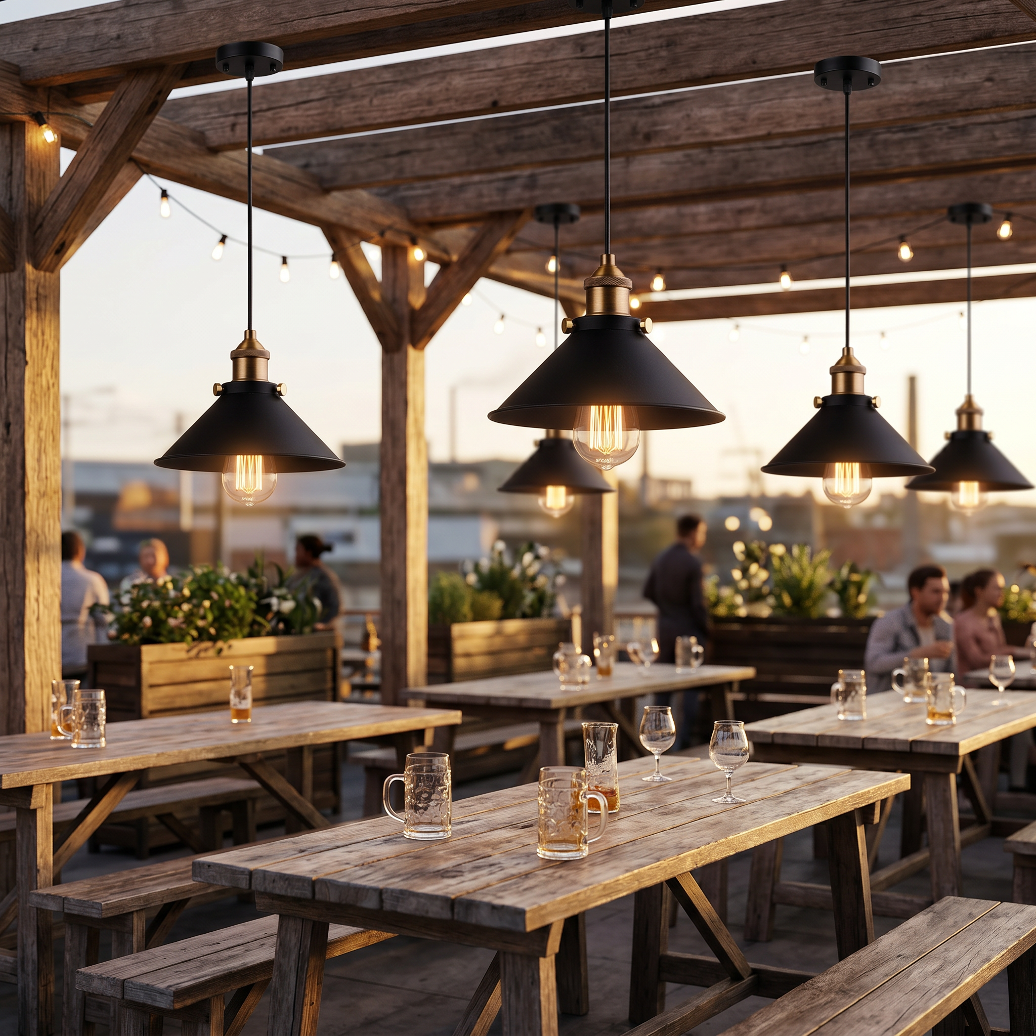 Campana Nordic Cone Pendant Lights in a beer-garden patio