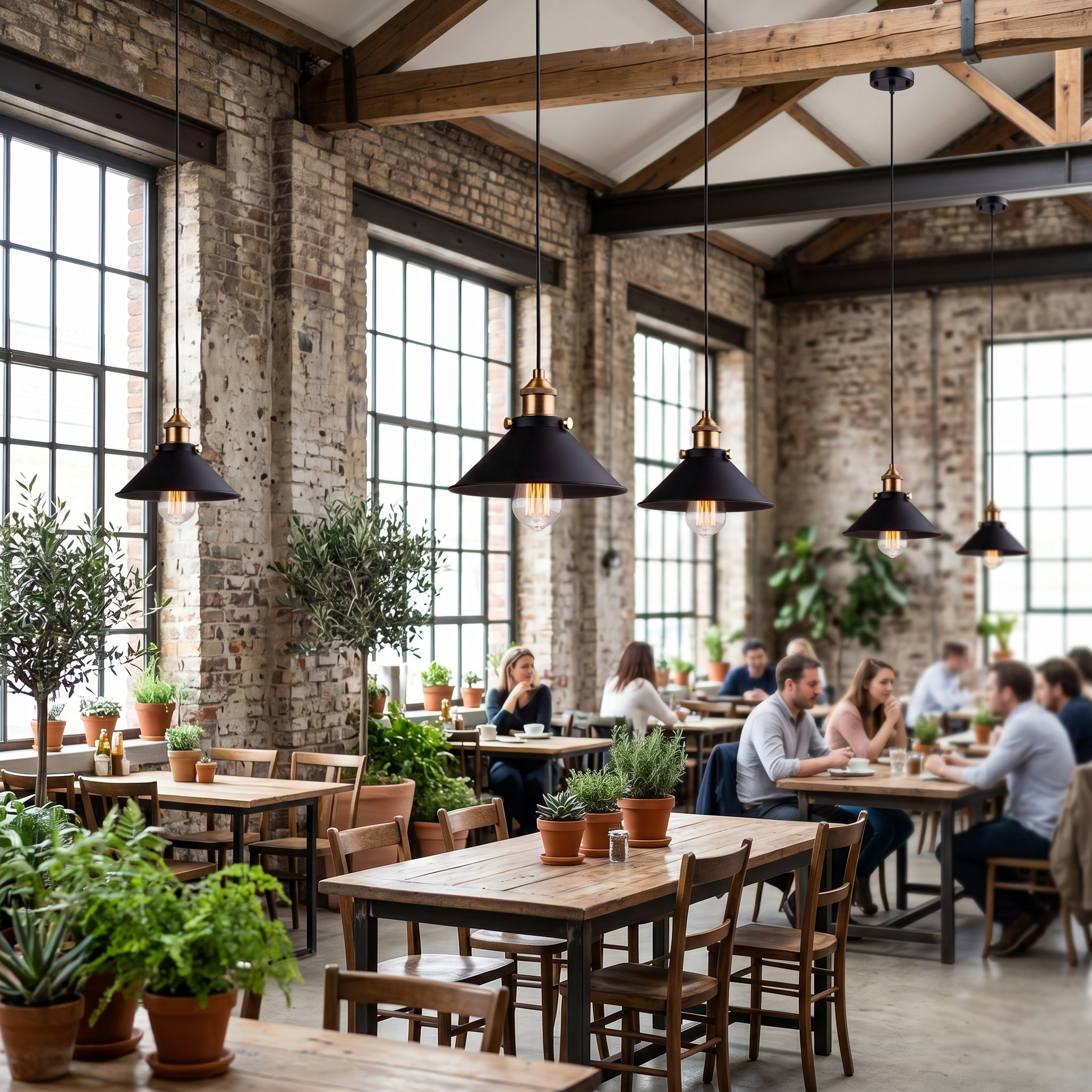 Campana Nordic Cone Pendant Lights in an industrial loft cafe