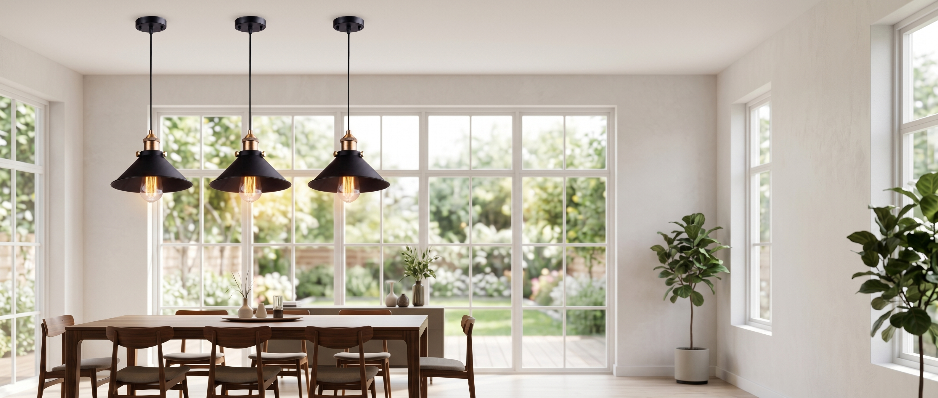 Campana Nordic Cone Pendant Lights hung above a dining table banner