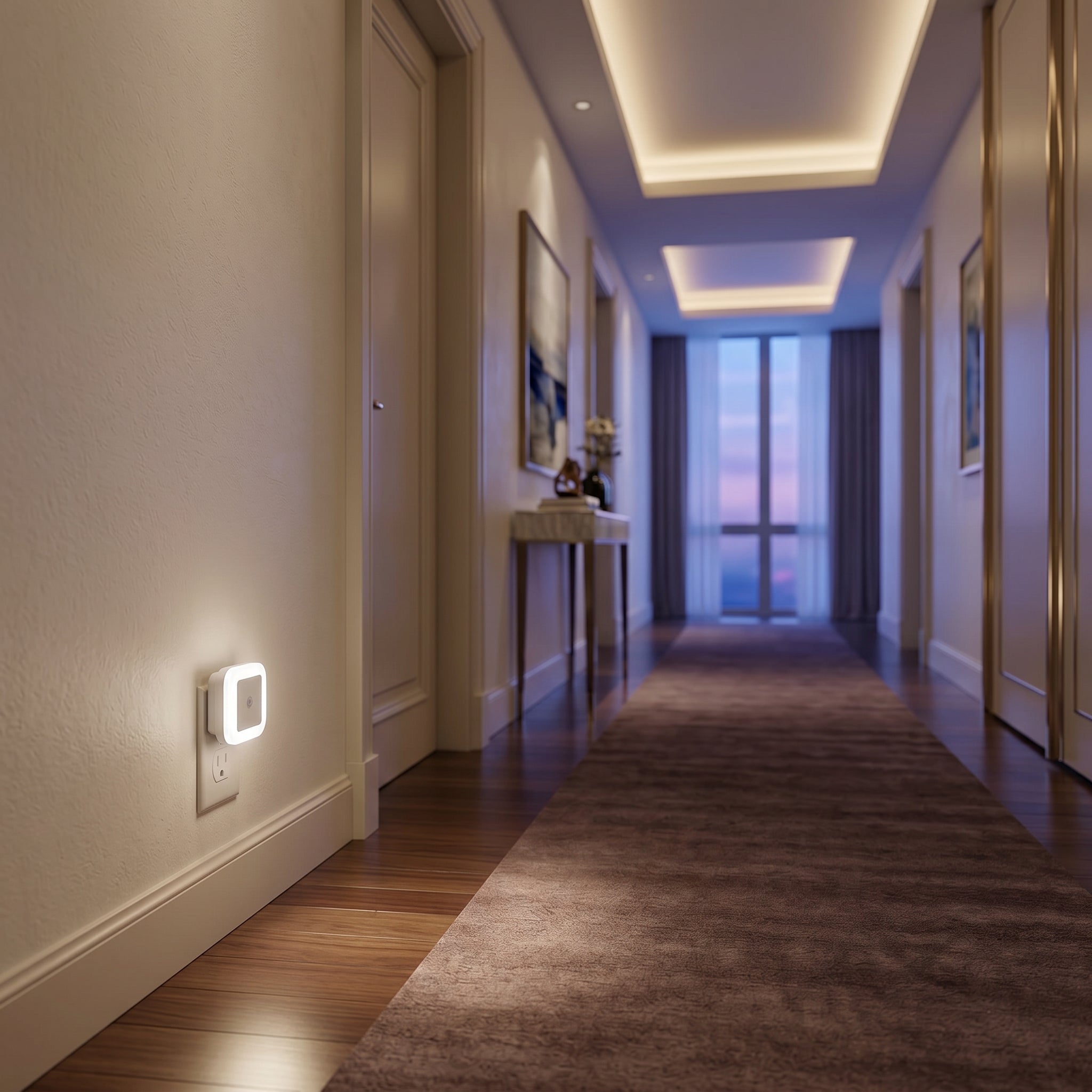 Stellina Plug-In Night Light glowing white in a hallway outlet at night