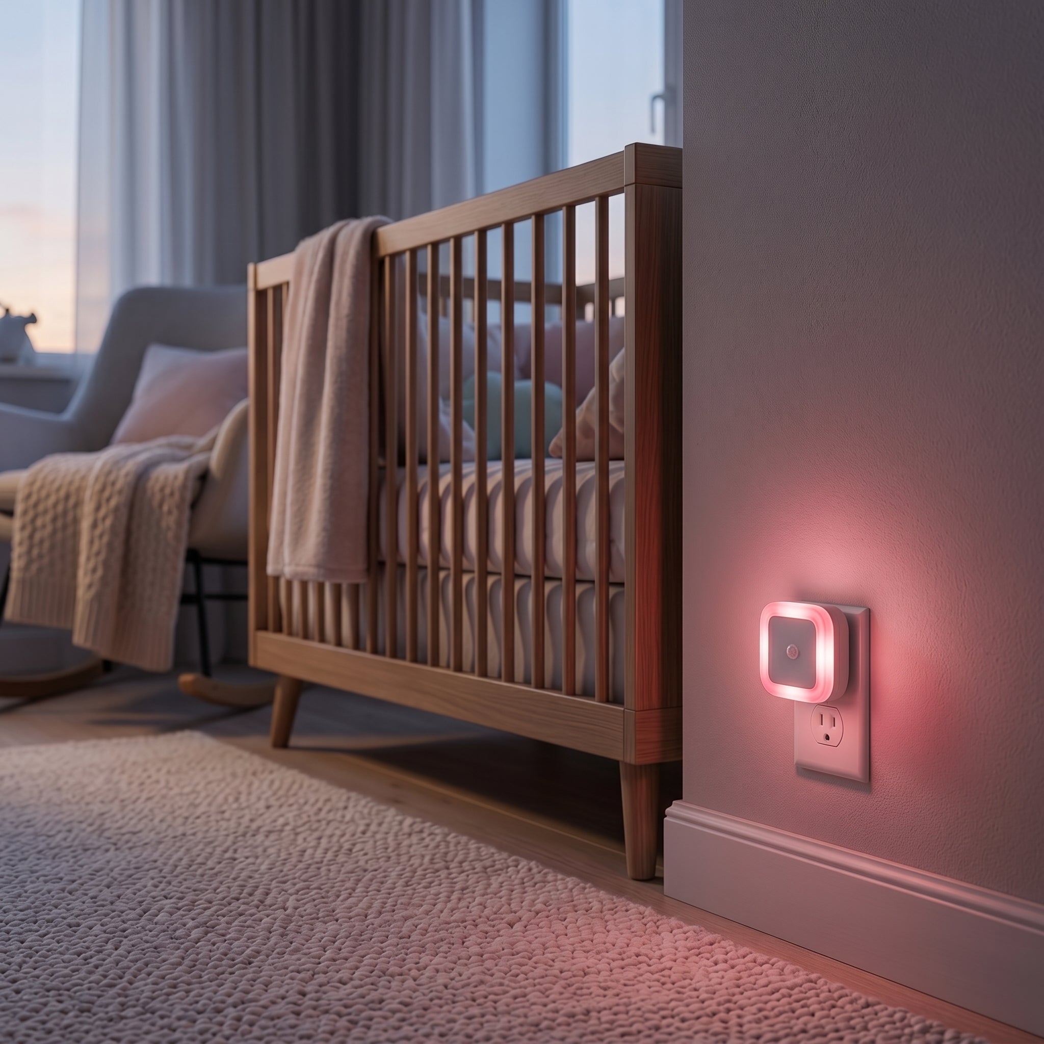 Stellina Plug-In Night Light glowing pink beside a nursery crib