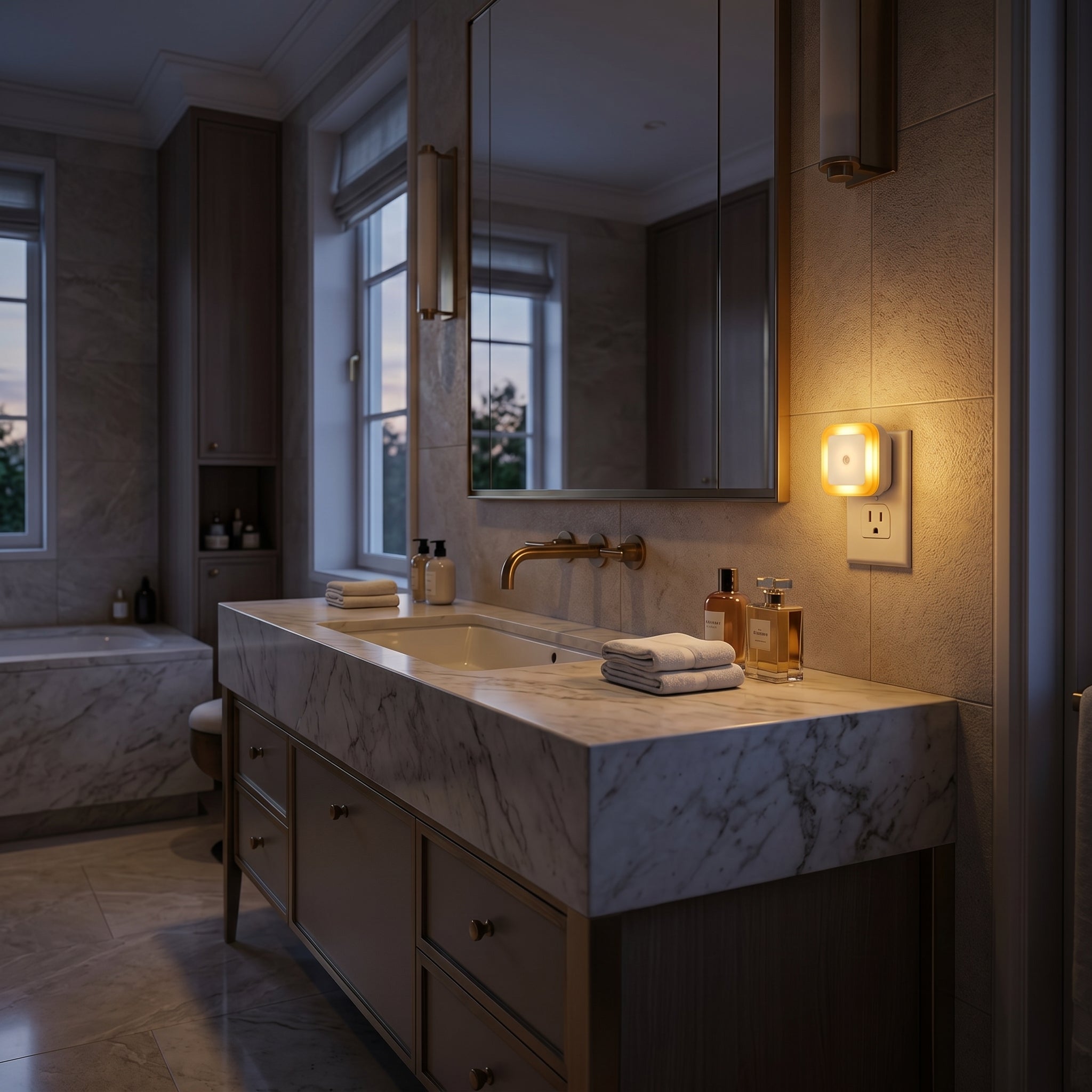 Stellina Plug-In Night Light glowing warm yellow in a bathroom