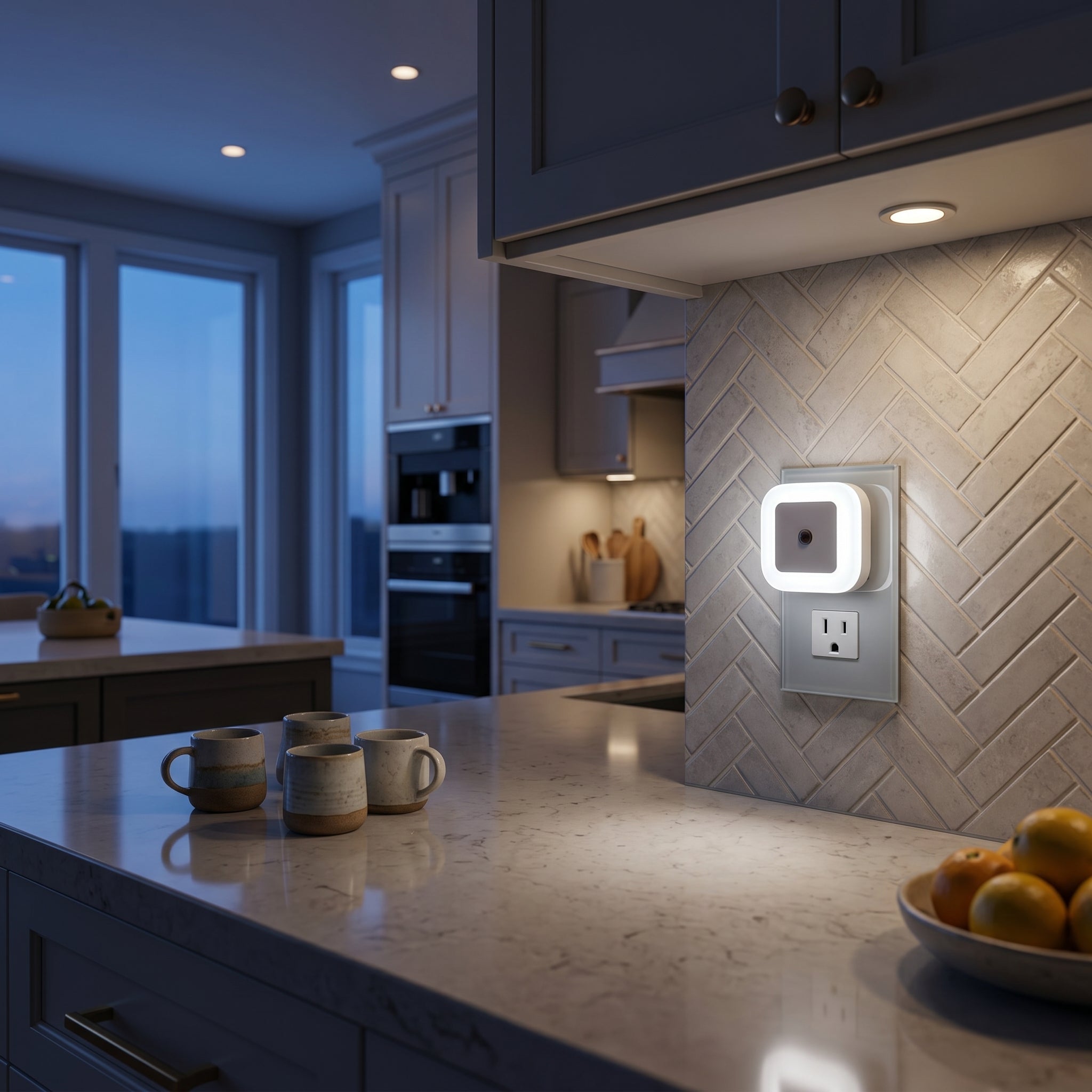 Stellina Plug-In Night Light glowing white on a kitchen backsplash