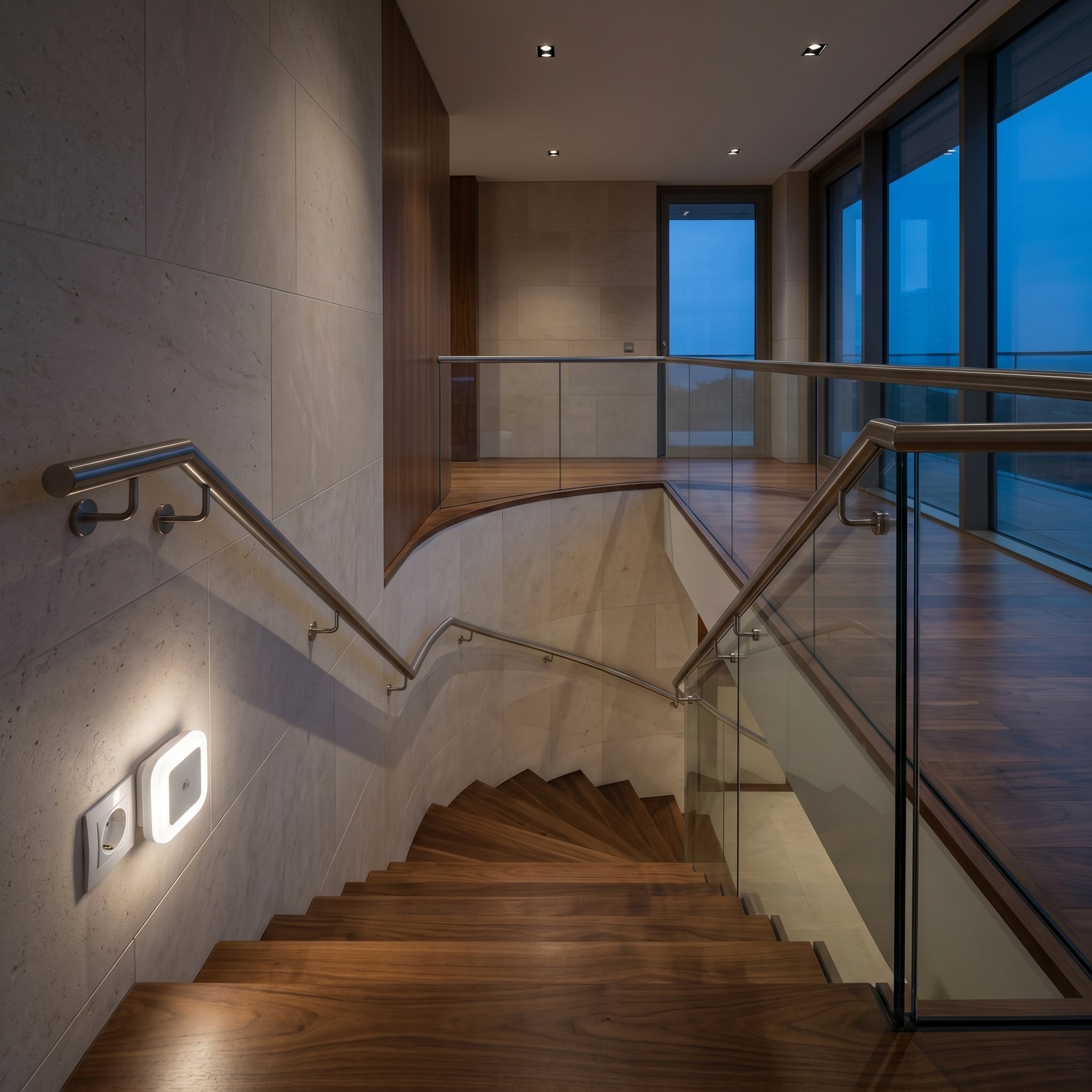 Stellina Plug-In Night Light lighting a staircase at night
