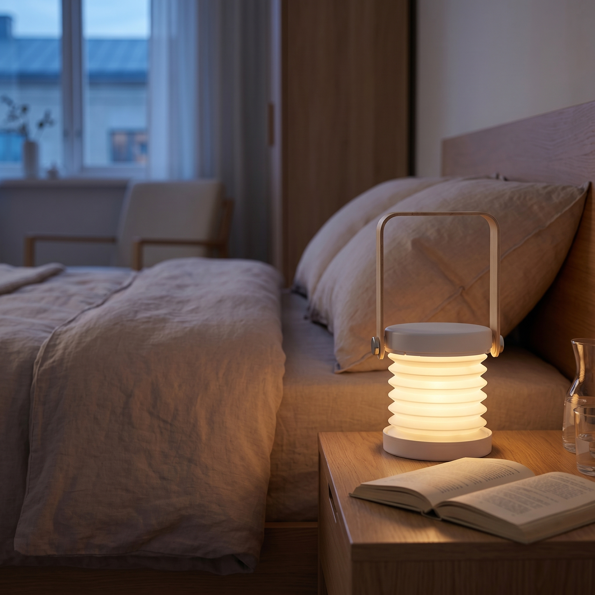 Luce Nomade folding lantern lit on a bedside nightstand