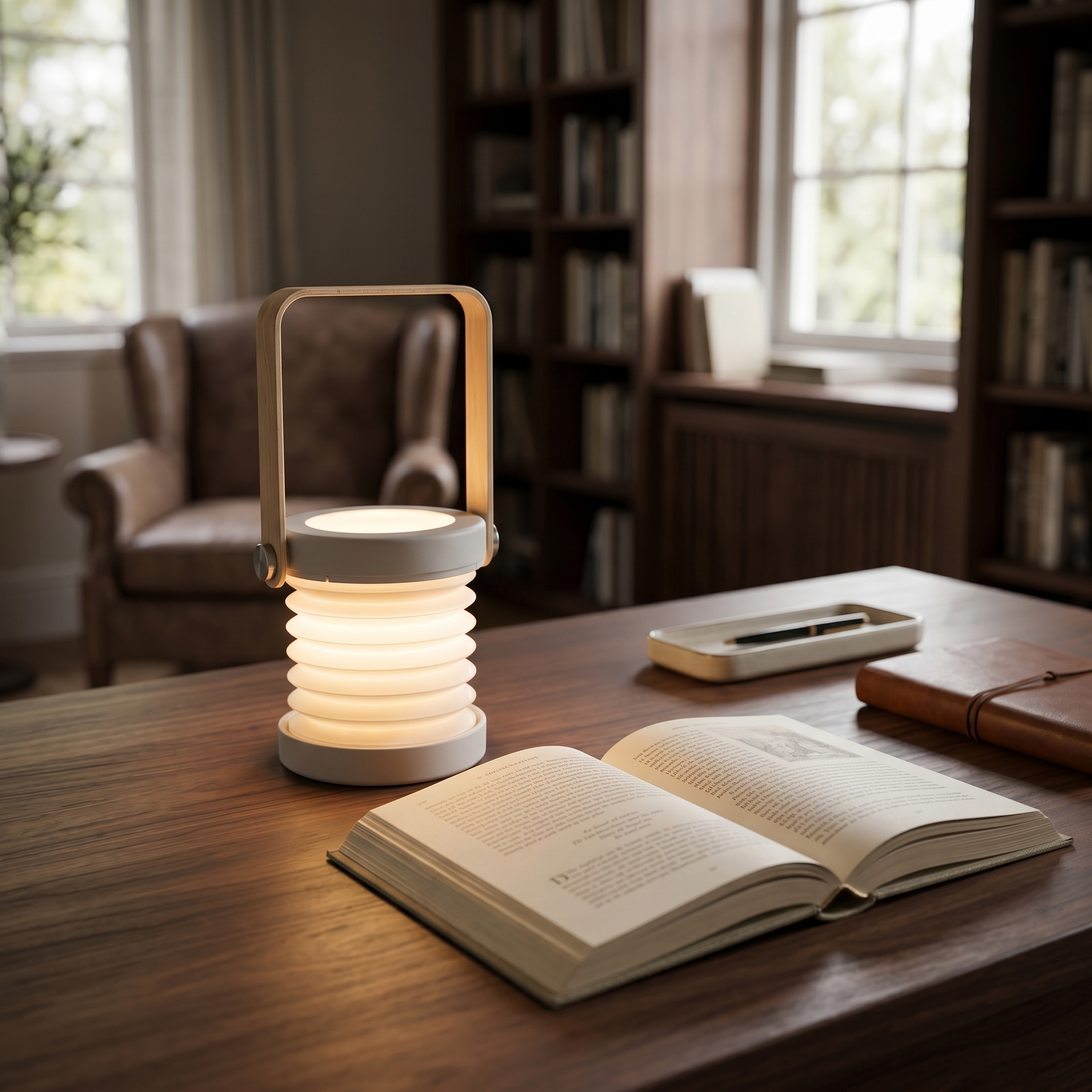 Luce Nomade folding lantern lit on a desk beside an open book
