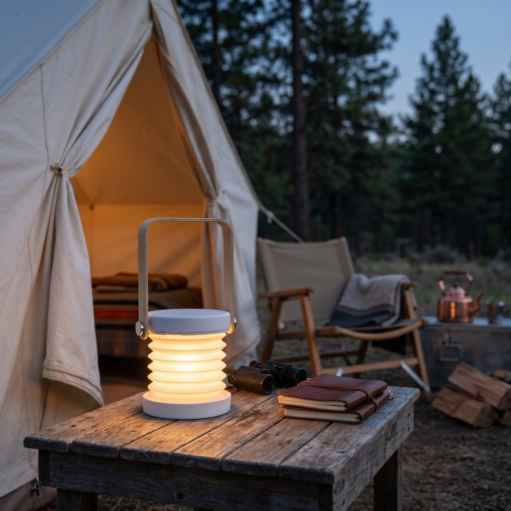 Luce Nomade folding lantern glowing on a camp table outside a tent