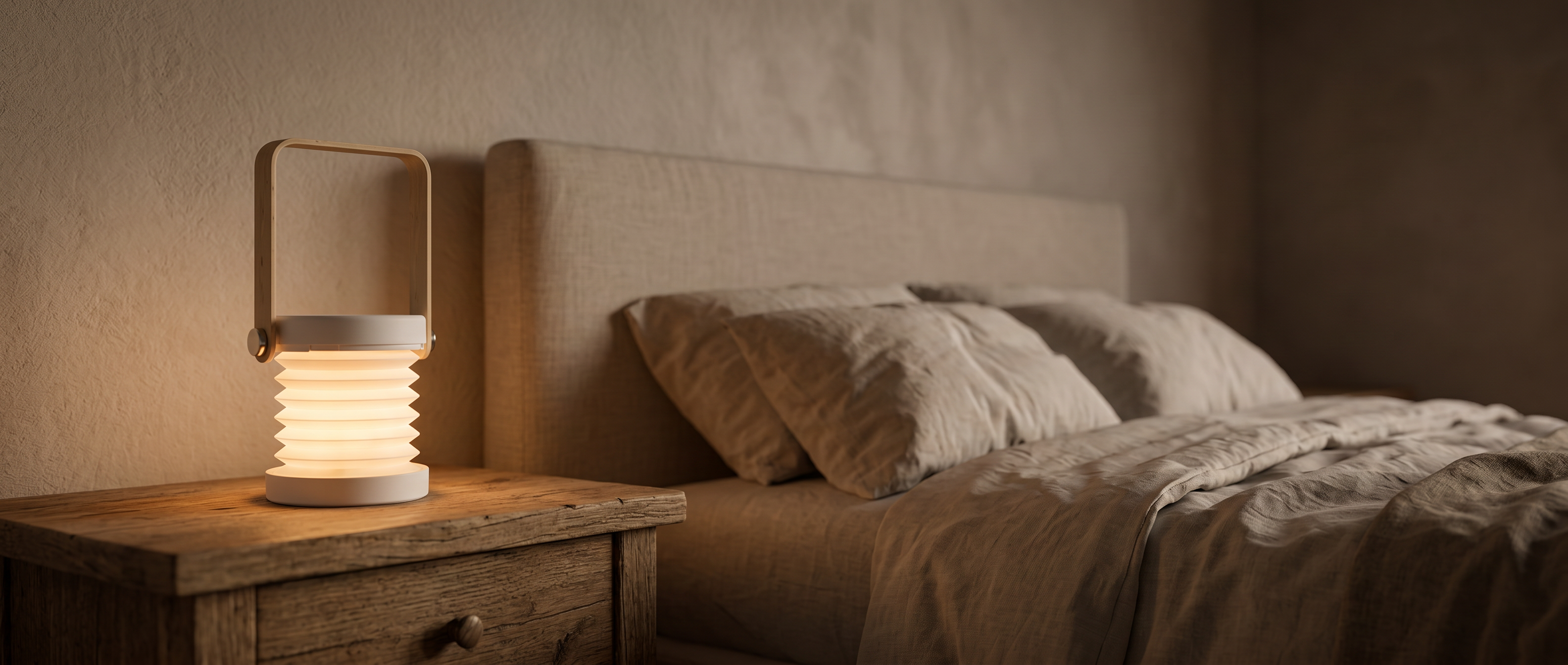 Luce Nomade folding lantern lit on a bedside nightstand banner