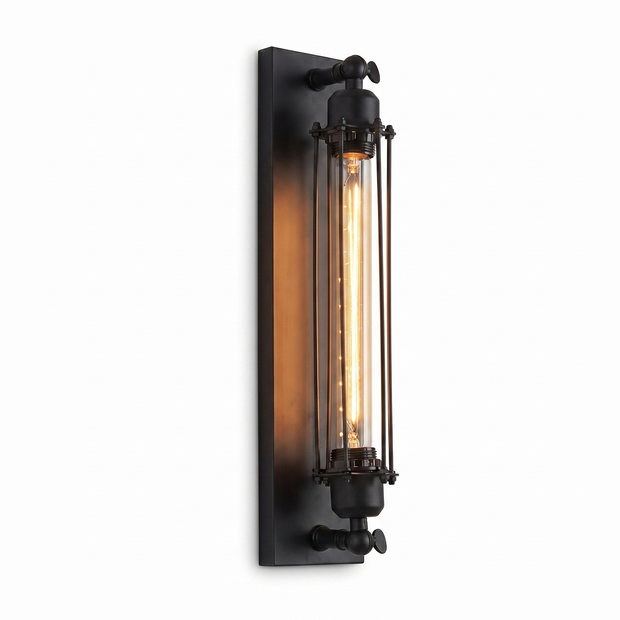 Ferro Antico Edison Wall Sconce lit on a white background