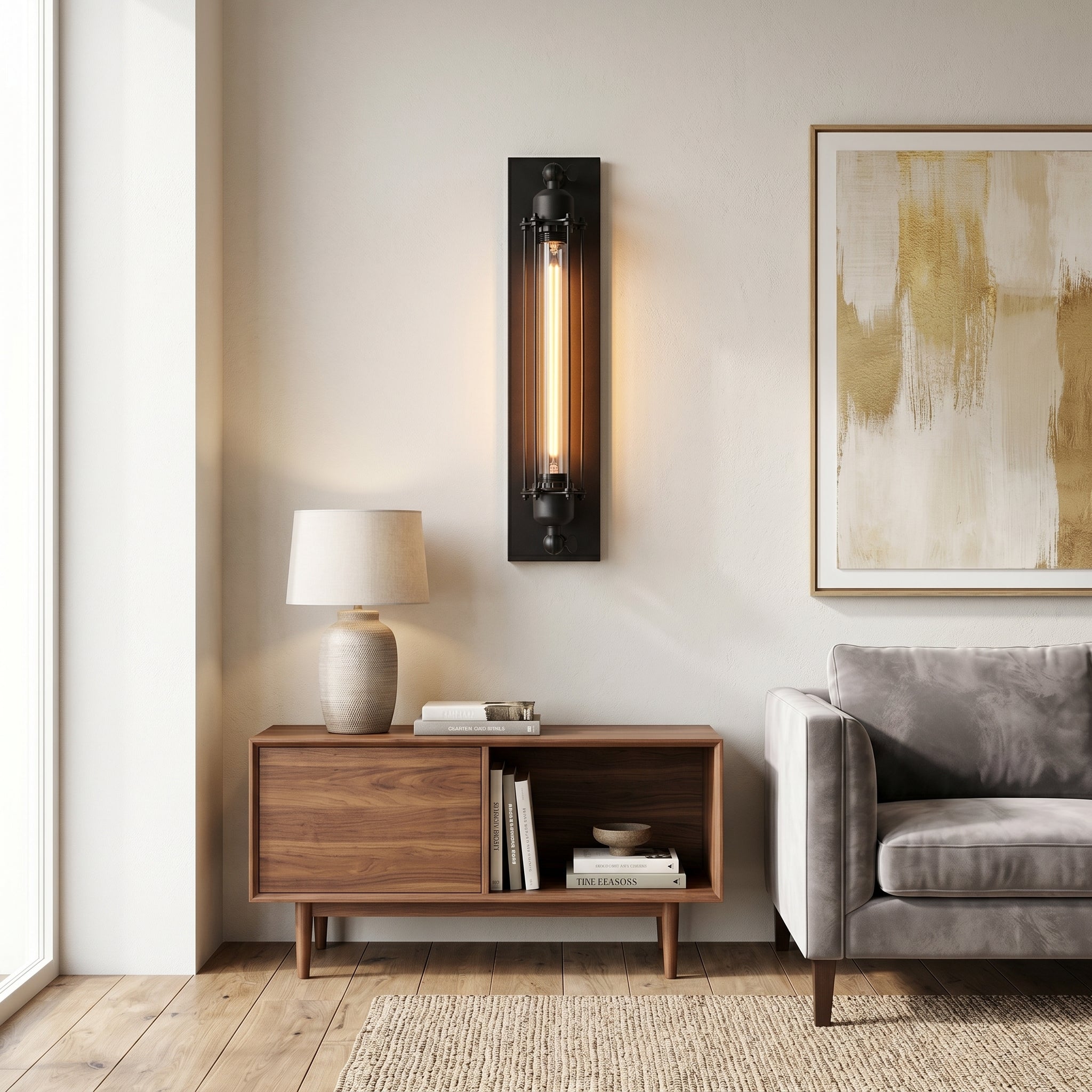 Ferro Antico Edison Wall Sconce glowing in a bright living room